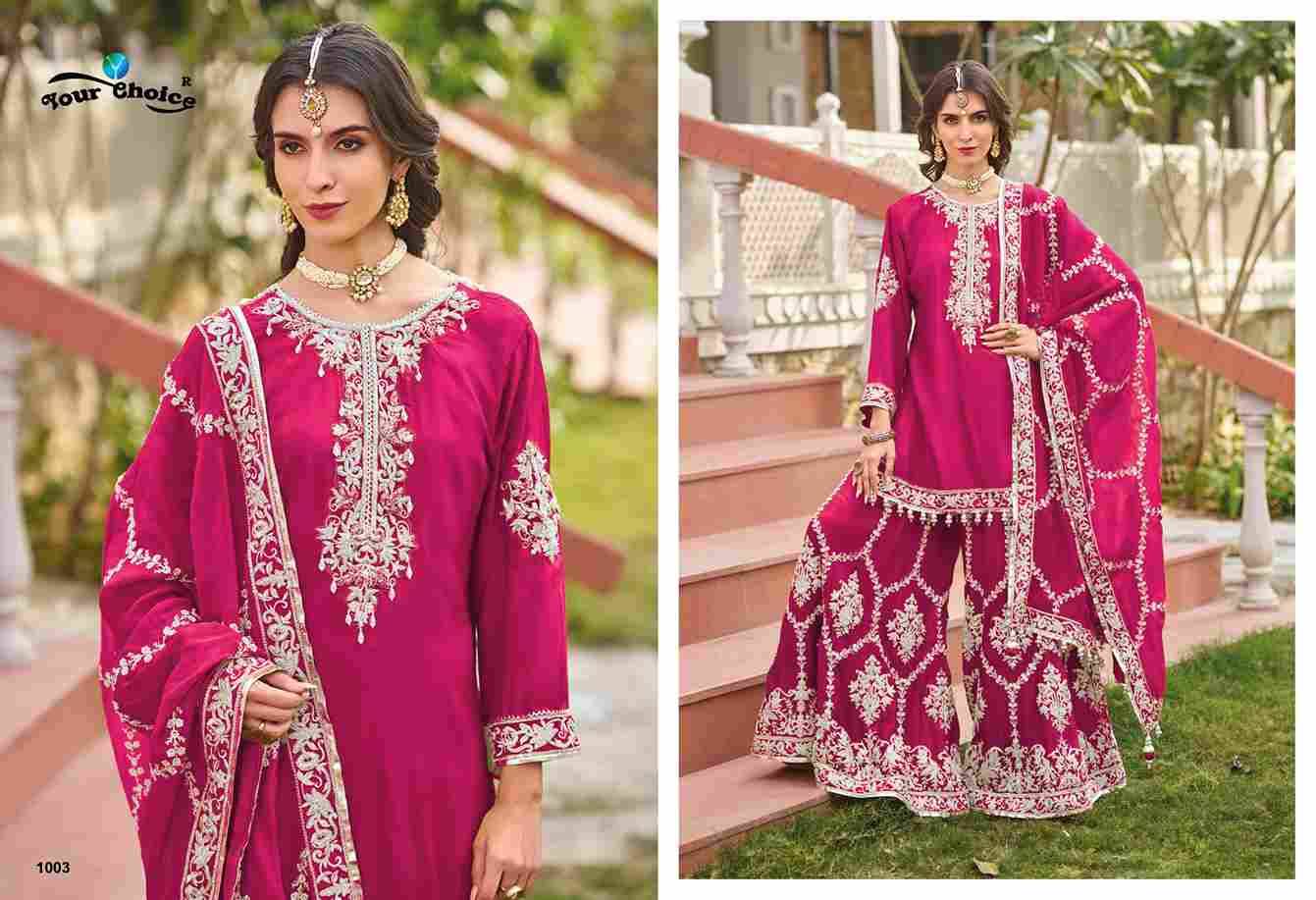 Sahiba By Your Choice 1001 To 1003 Series Designer Sharara Suits Beautiful Fancy Colorful Stylish Party Wear & Occasional Wear Heavy Chinnon Dresses At Wholesale Price