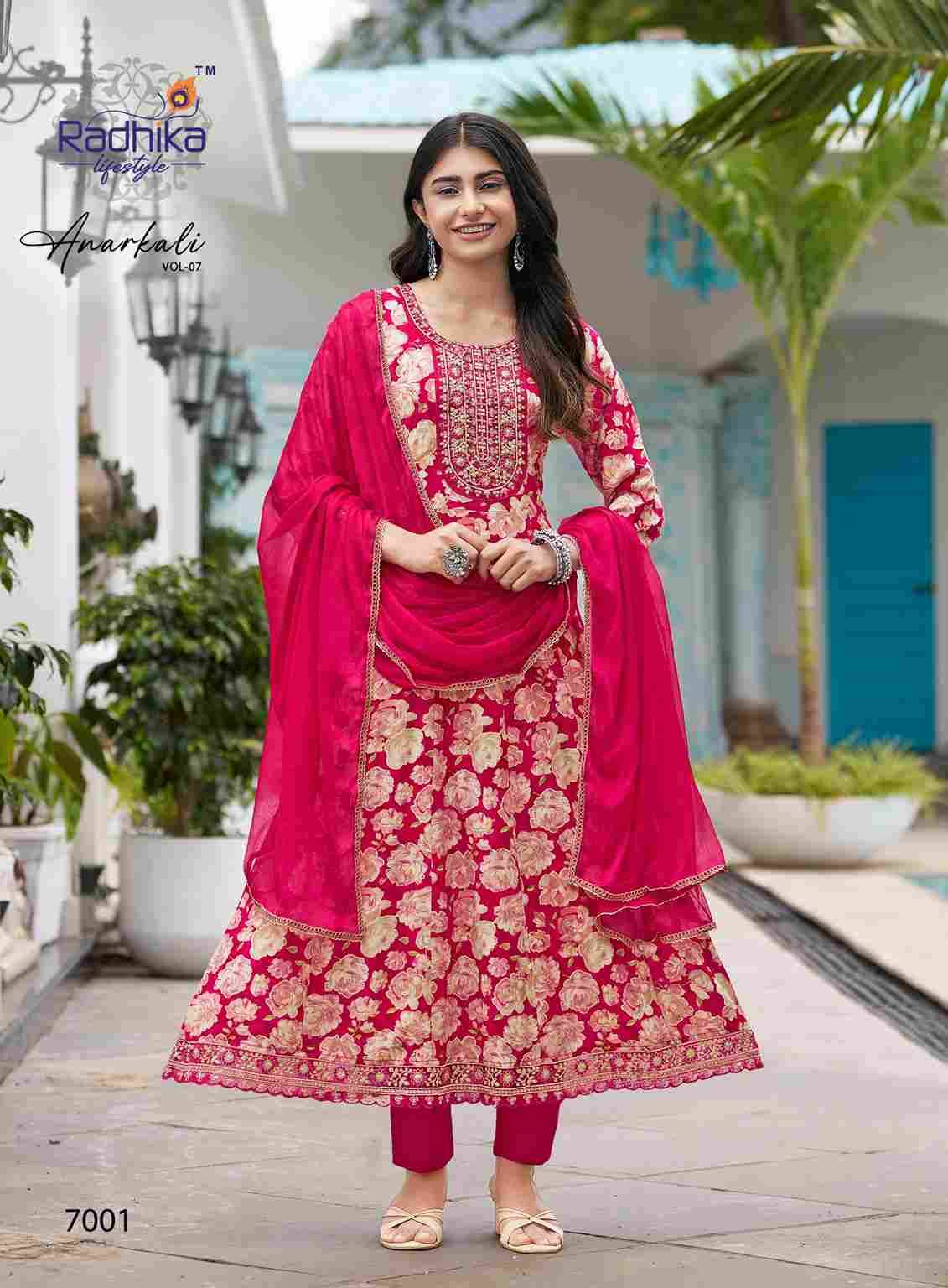 Anarkali Vol-7 By Radhika Lifestyle 7001 To 7006 Series Designer Anarkali Suits Beautiful Stylish Fancy Colorful Party Wear & Occasional Wear Pure Rayon Foil Print Dresses At Wholesale Price