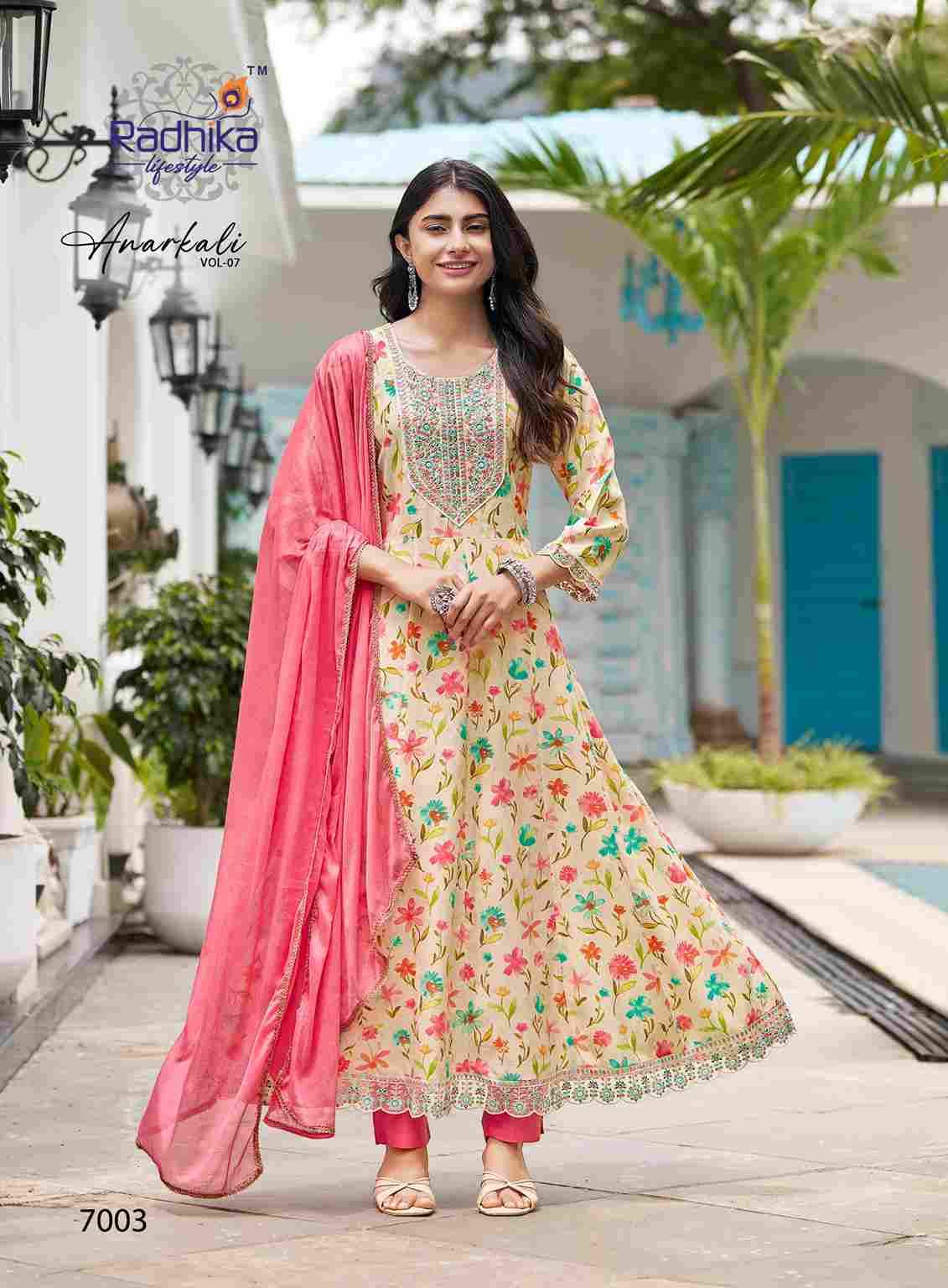 Anarkali Vol-7 By Radhika Lifestyle 7001 To 7006 Series Designer Anarkali Suits Beautiful Stylish Fancy Colorful Party Wear & Occasional Wear Pure Rayon Foil Print Dresses At Wholesale Price