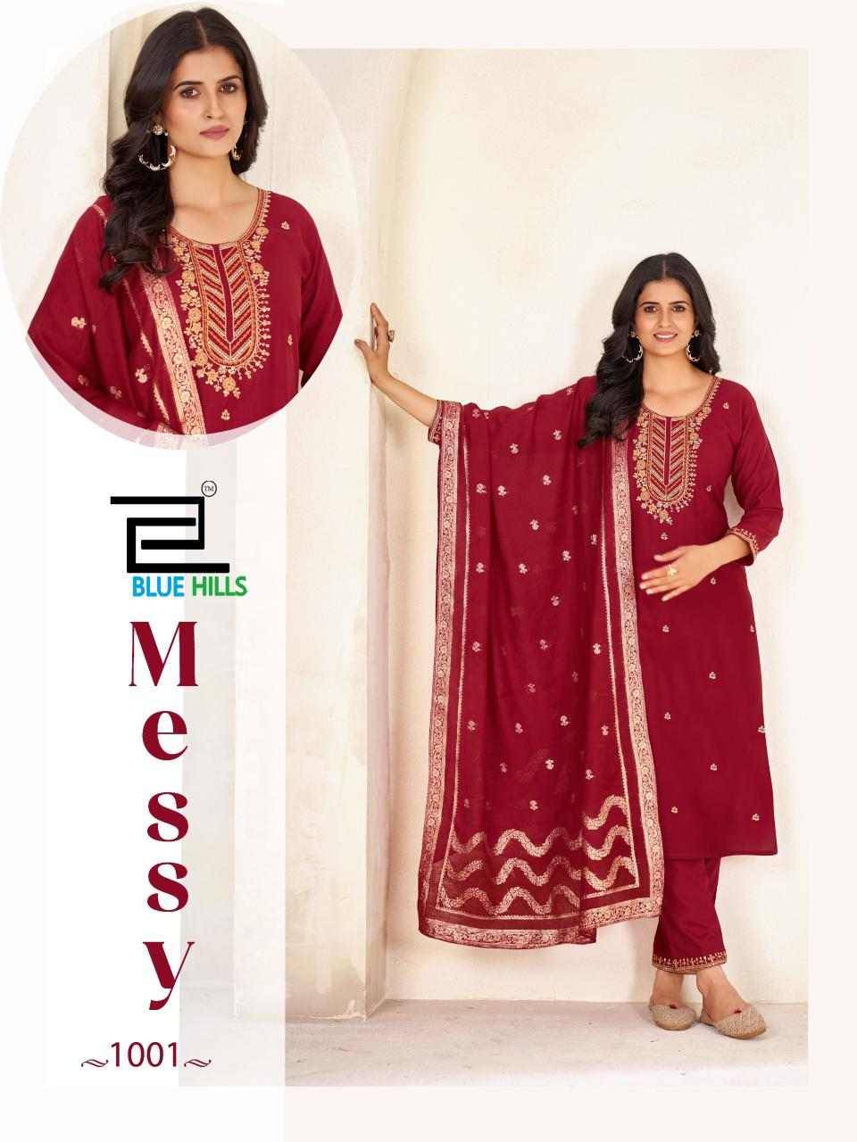 Messy By Blue Hills 1001 To 1006 Series Beautiful Festive Suits Colorful Stylish Fancy Casual Wear & Ethnic Wear Rayon Foil Dresses At Wholesale Price