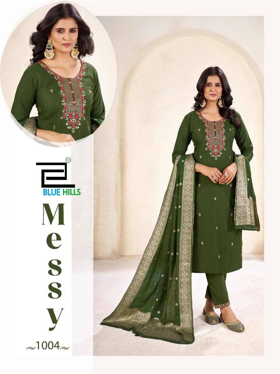 Messy By Blue Hills 1001 To 1006 Series Beautiful Festive Suits Colorful Stylish Fancy Casual Wear & Ethnic Wear Rayon Foil Dresses At Wholesale Price