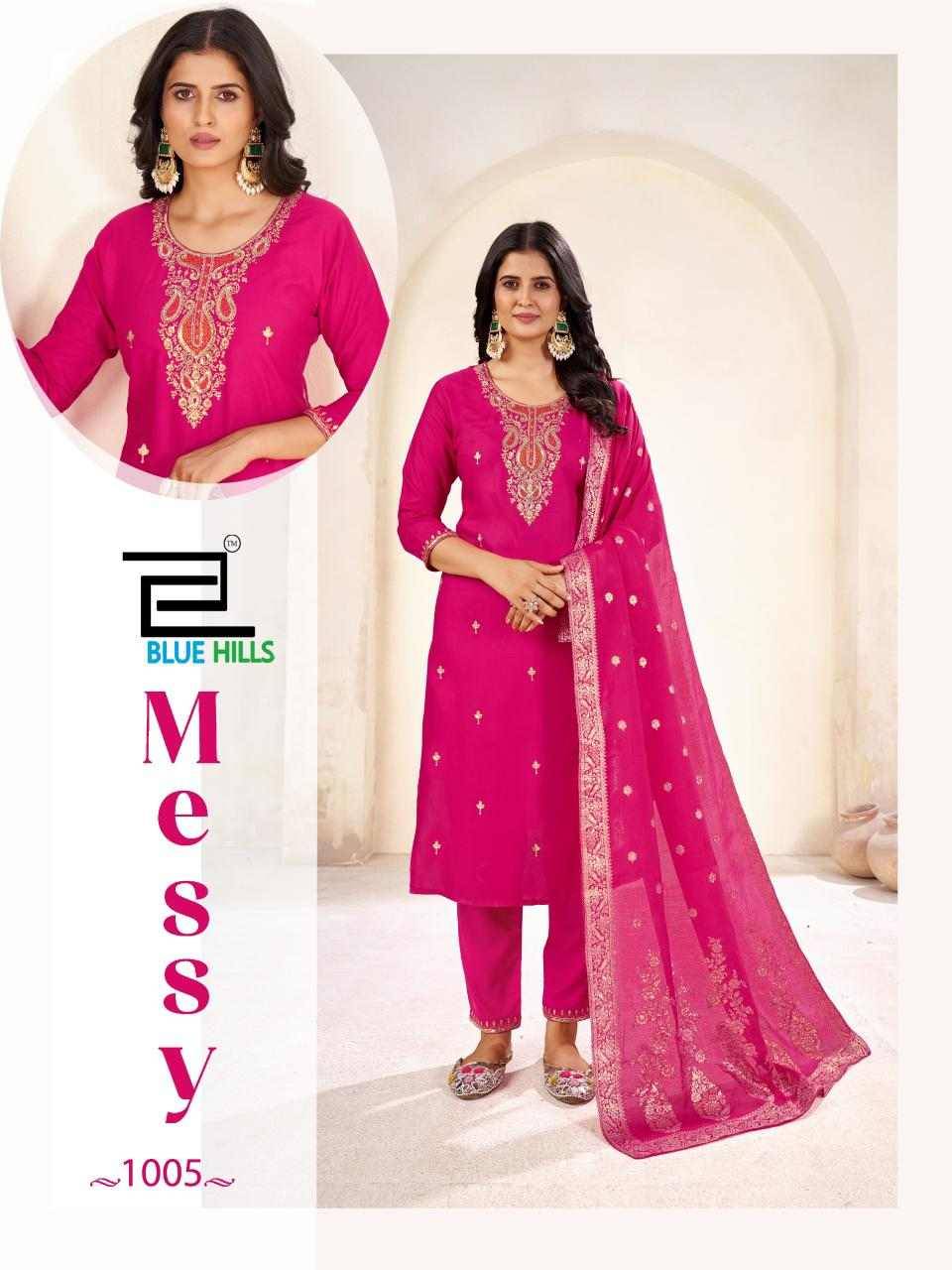 Messy By Blue Hills 1001 To 1006 Series Beautiful Festive Suits Colorful Stylish Fancy Casual Wear & Ethnic Wear Rayon Foil Dresses At Wholesale Price