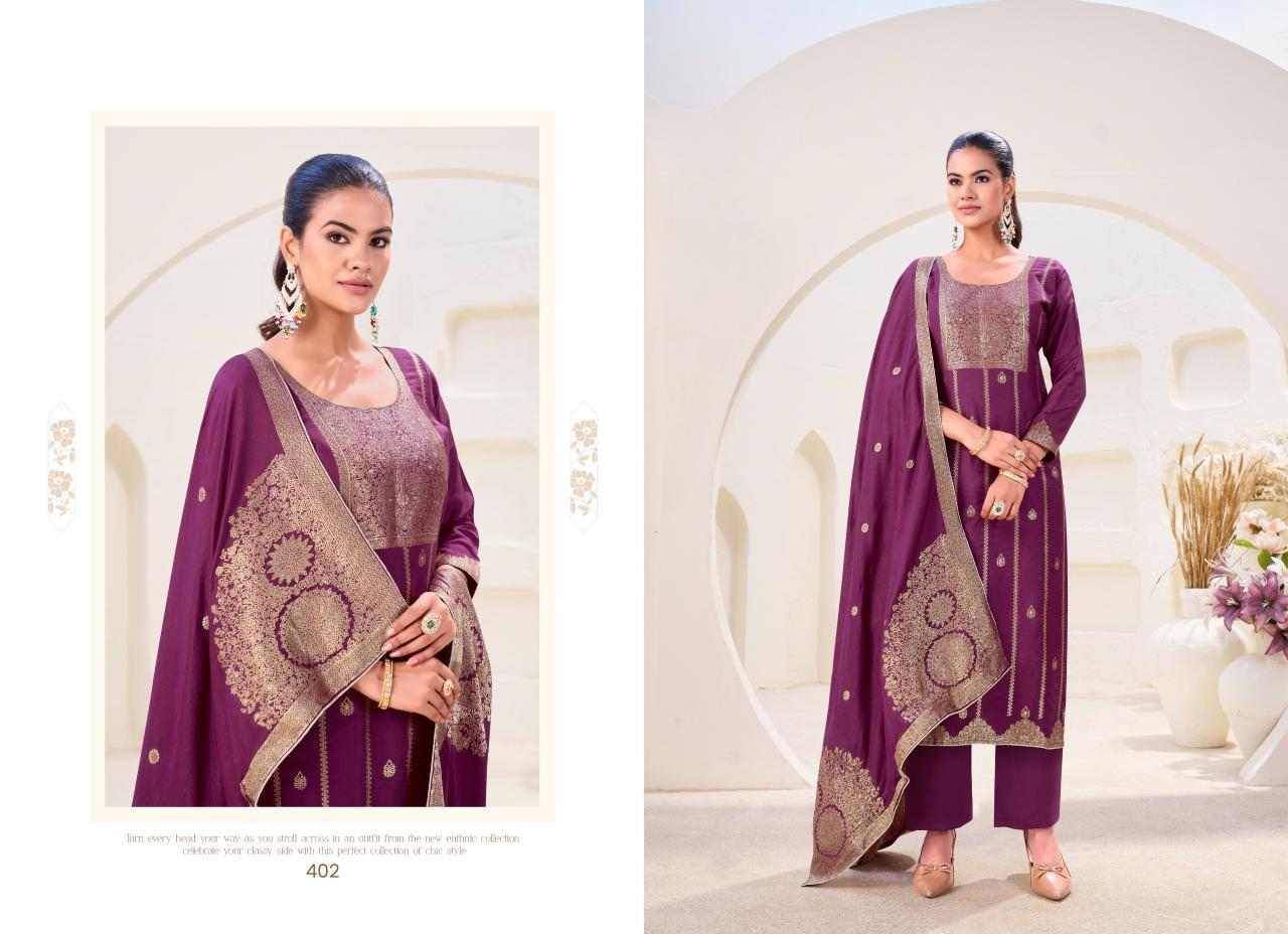 Kayra By Tanishk Fashion 401 To 404 Series Beautiful Festive Suits Colorful Stylish Fancy Casual Wear & Ethnic Wear Muslin Jacquard Dresses At Wholesale Price