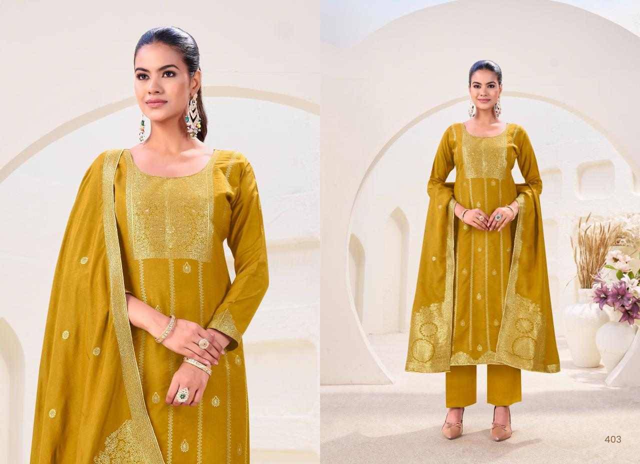 Kayra By Tanishk Fashion 401 To 404 Series Beautiful Festive Suits Colorful Stylish Fancy Casual Wear & Ethnic Wear Muslin Jacquard Dresses At Wholesale Price