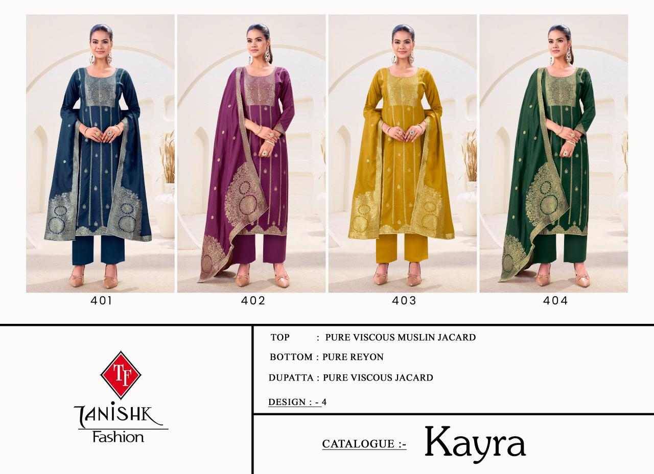 Kayra By Tanishk Fashion 401 To 404 Series Beautiful Festive Suits Colorful Stylish Fancy Casual Wear & Ethnic Wear Muslin Jacquard Dresses At Wholesale Price