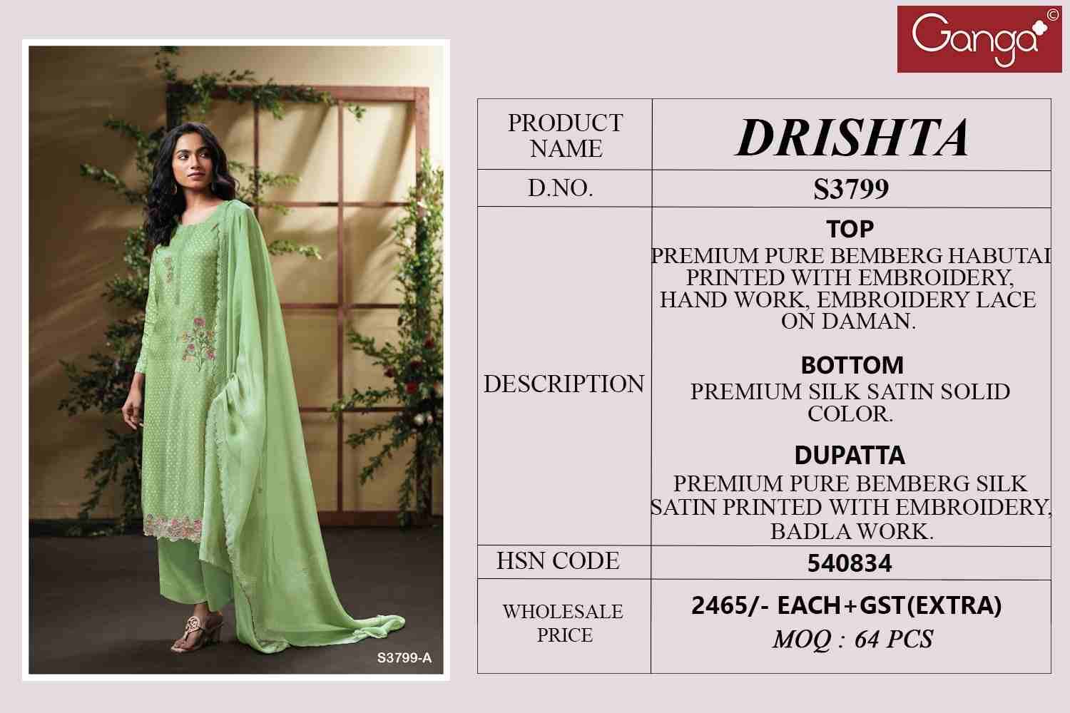 Drishta-3799 By Ganga Fashion 3799-A To 3799-D Series Beautiful Festive Suits Colorful Stylish Fancy Casual Wear & Ethnic Wear Pure Bemberg Dresses At Wholesale Price