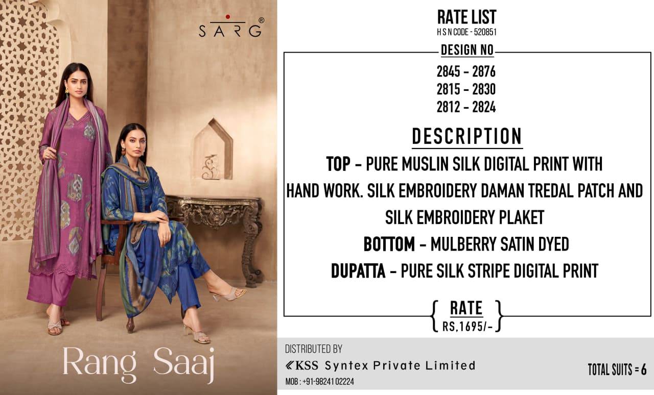 Rang Saaj By Sarg Beautiful Stylish Festive Suits Fancy Colorful Casual Wear & Ethnic Wear & Ready To Wear Pure Muslin Silk Print Dresses At Wholesale Price