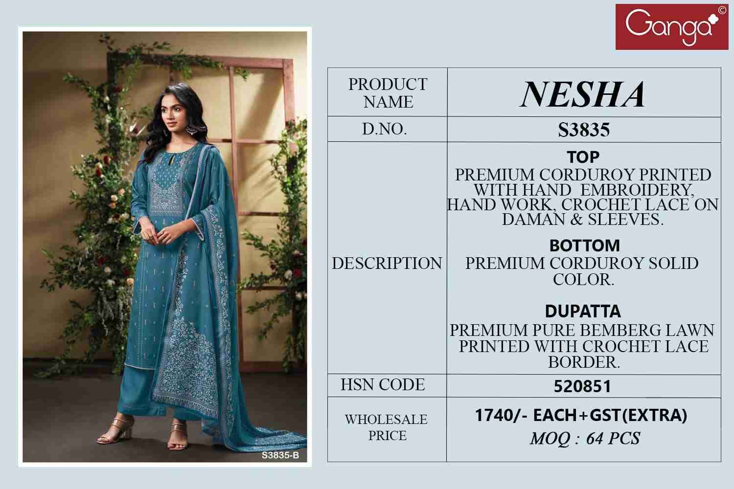 Nesha-3835 By Ganga Fashion 3835-A To 3835-D Series Beautiful Festive Suits Colorful Stylish Fancy Casual Wear & Ethnic Wear Pure Corduoy Dresses At Wholesale Price