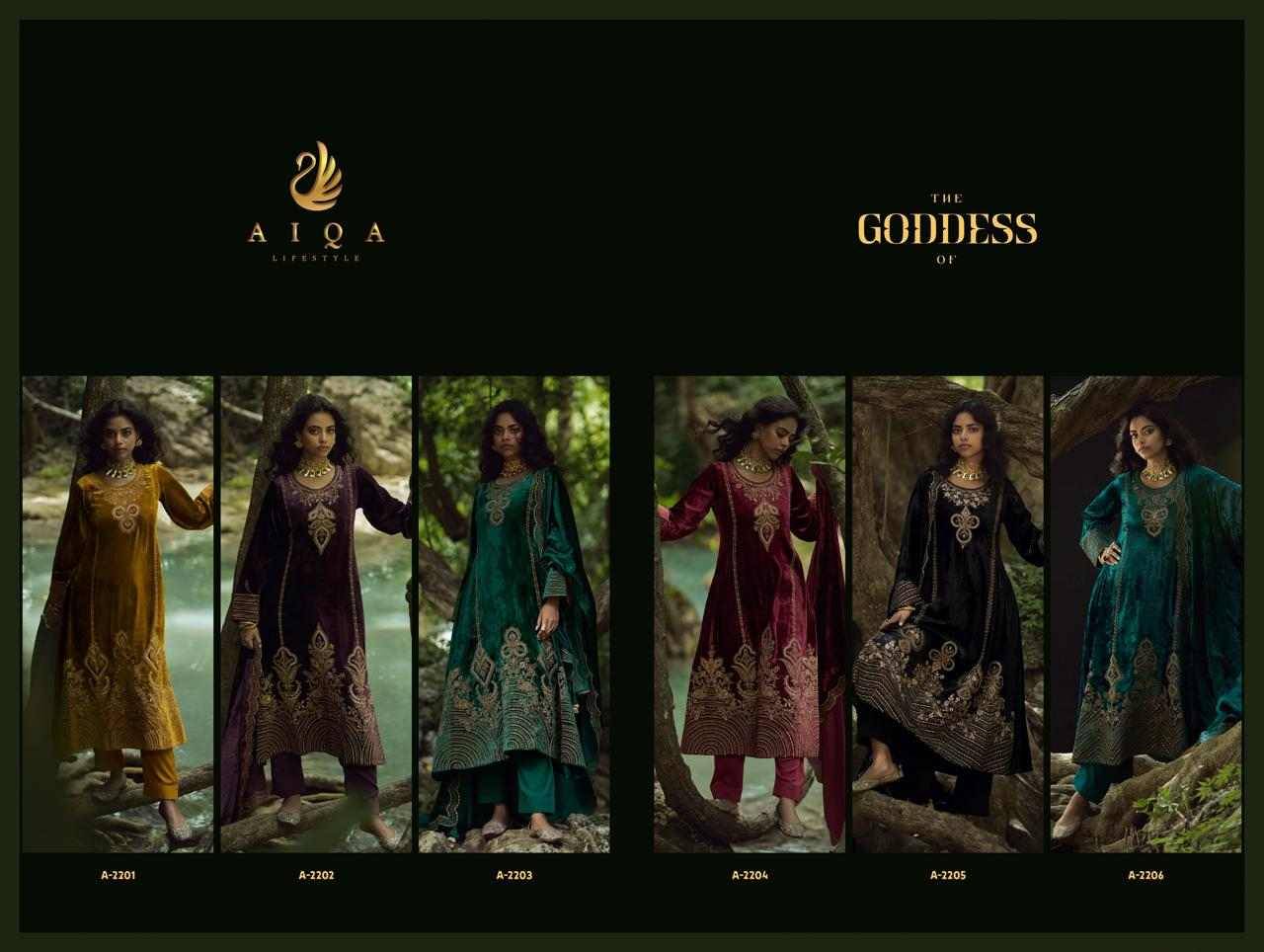 Goddess By Aiqa 2201 To 2206 Series Beautiful Festive Suits Colorful Stylish Fancy Casual Wear & Ethnic Wear Pure Viscose Velvet Dresses At Wholesale Price
