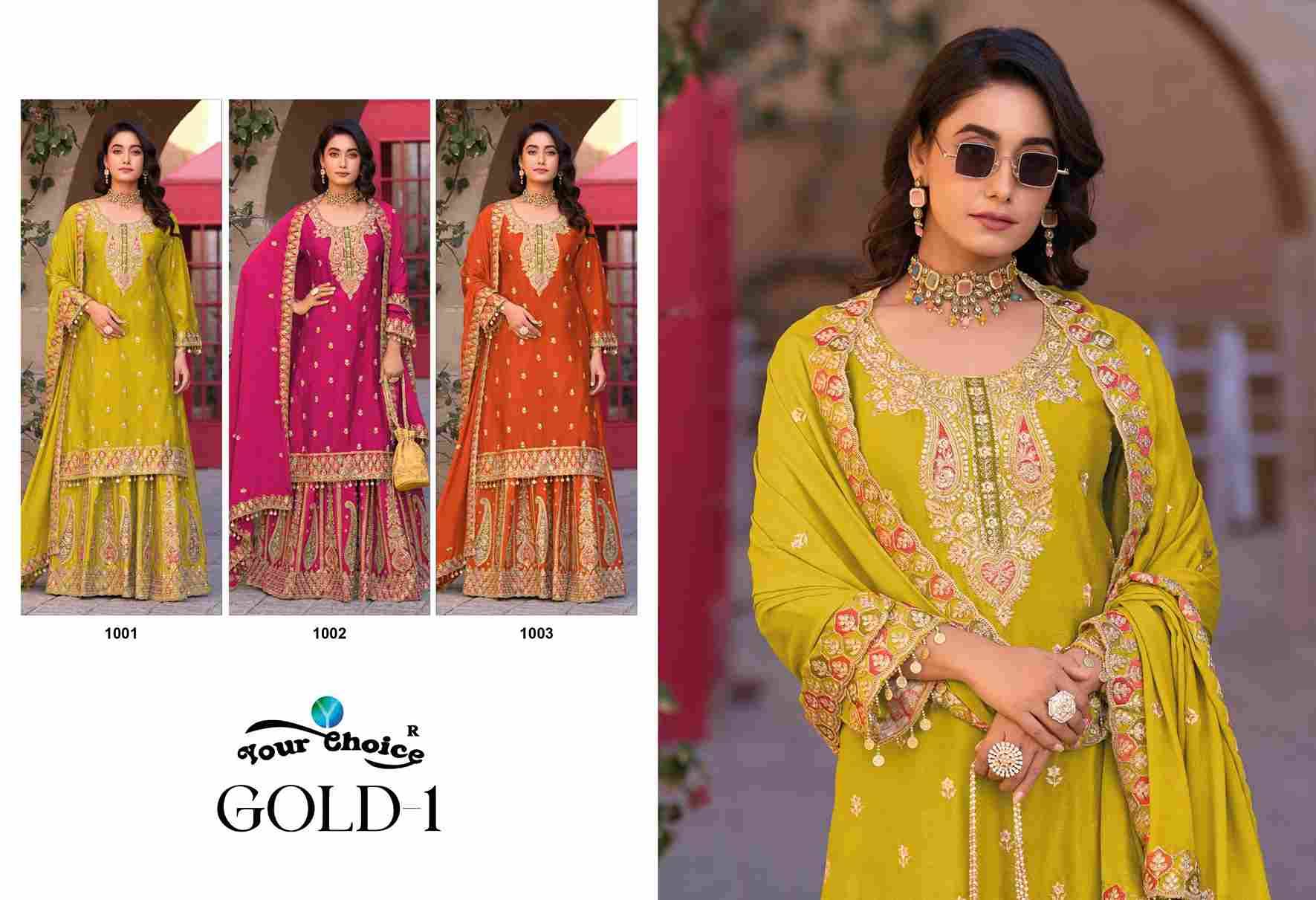 Gold Vol-1 By Your Choice 1001 To 1003 Series Designer Sharara Suits Beautiful Fancy Colorful Stylish Party Wear & Occasional Wear Heavy Chinnon Dresses At Wholesale Price