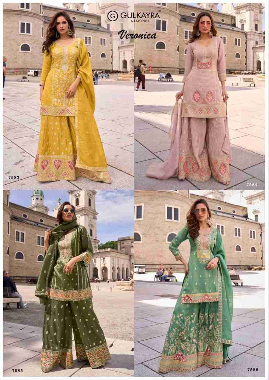 Veronica By Gulkayra Designer 7583 To 7586 Series Beautiful Sharara Suits Colorful Stylish Fancy Casual Wear & Ethnic Wear Simar Silk Dresses At Wholesale Price