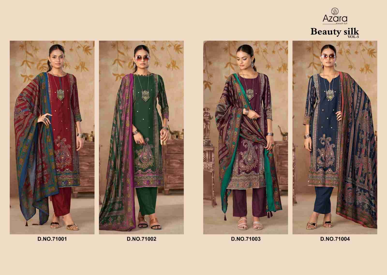 Beauty Silk Vol-5 By Azara 71001 To 71004 Series Beautiful Festive Suits Stylish Fancy Colorful Casual Wear & Ethnic Wear Muslin Print Dresses At Wholesale Price