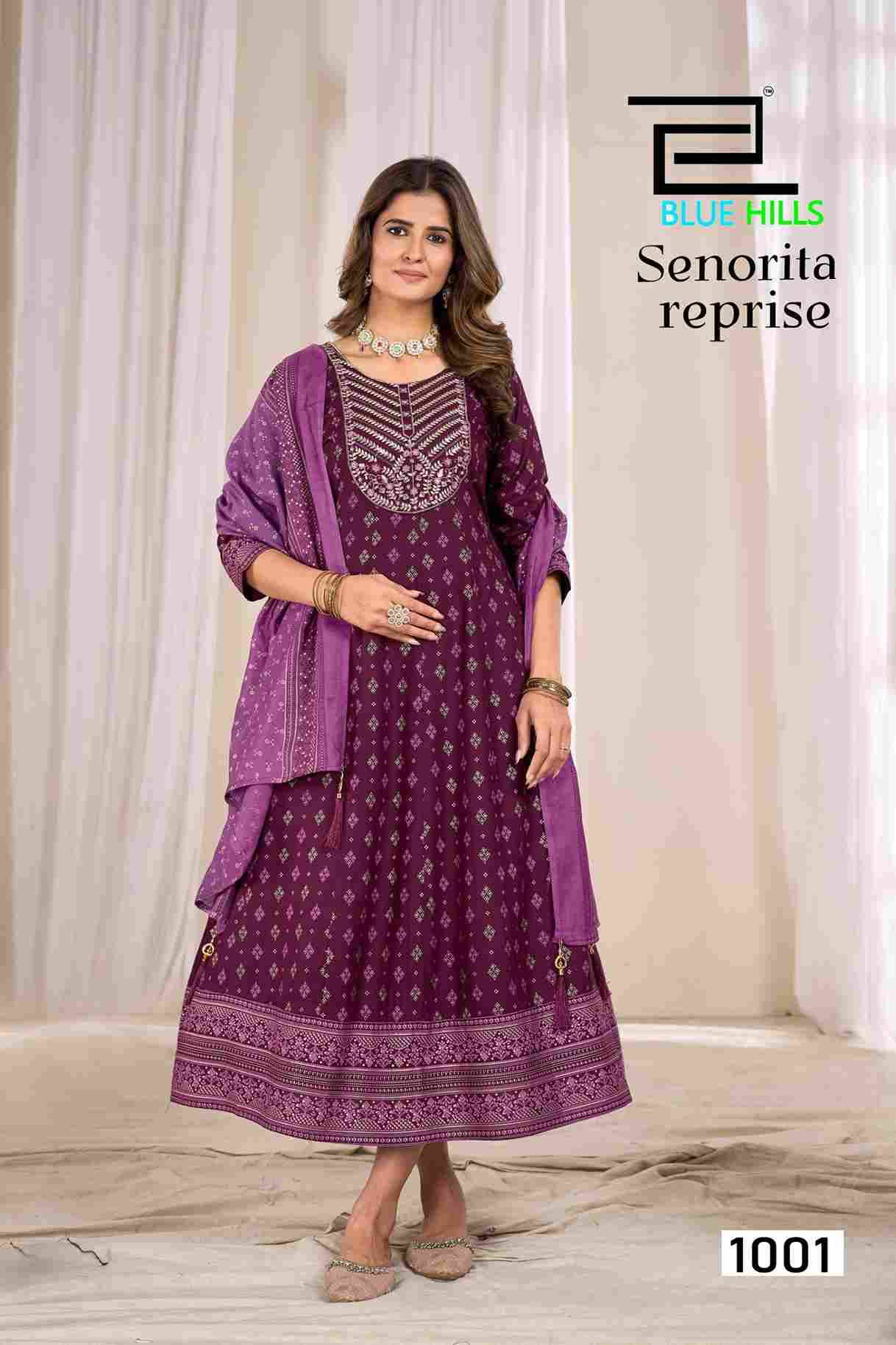 Senorita Reprise By Blue Hills 1001 To 1006 Series Beautiful Stylish Fancy Colorful Casual Wear & Ethnic Wear Rayon Foil Gowns With Dupatta At Wholesale Price