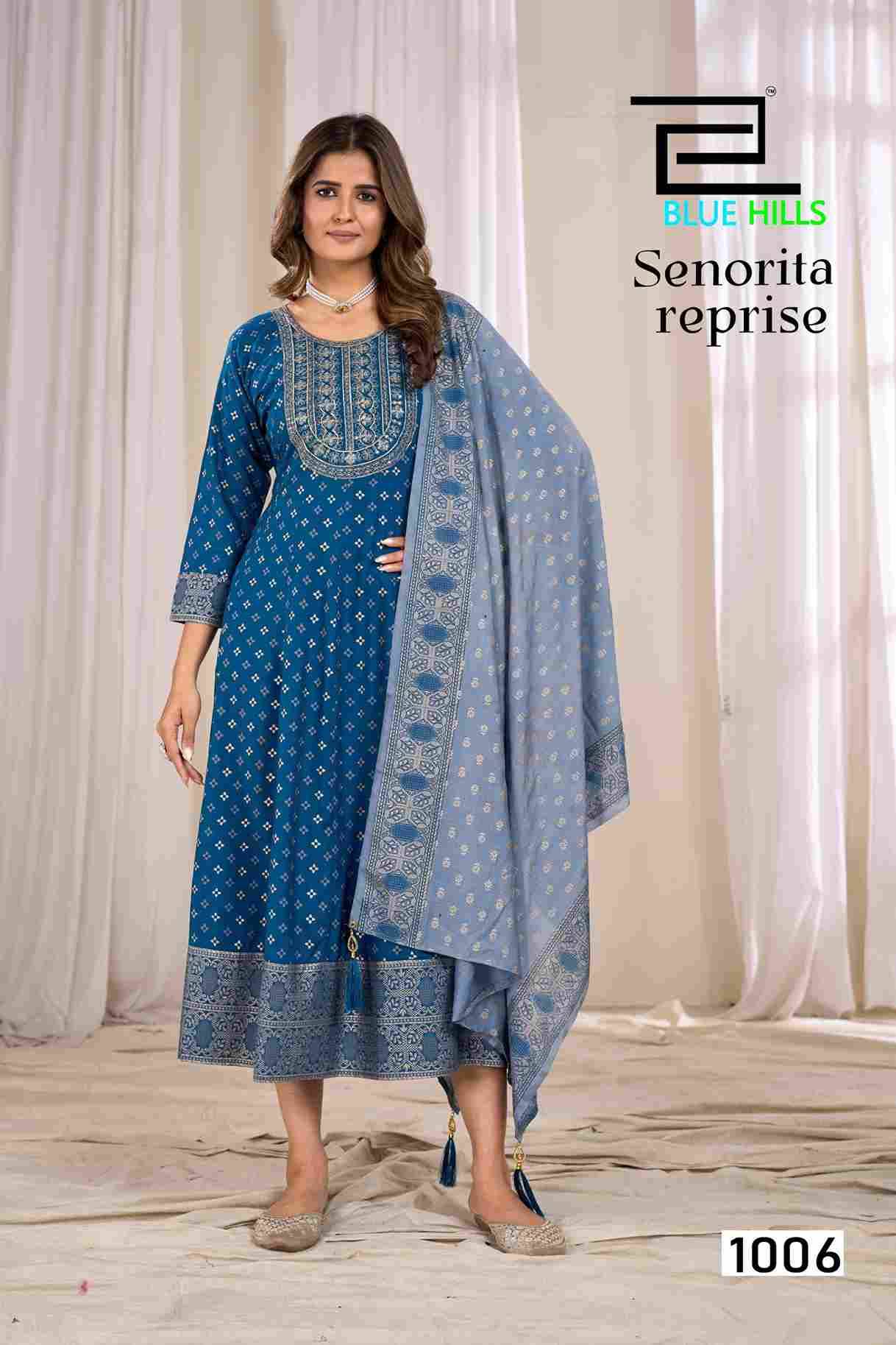 Senorita Reprise By Blue Hills 1001 To 1006 Series Beautiful Stylish Fancy Colorful Casual Wear & Ethnic Wear Rayon Foil Gowns With Dupatta At Wholesale Price