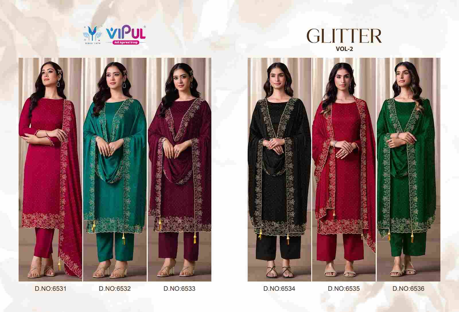 Glitter Vol-2 By Vipul Fashion 6531 To 6536 Series Designer Festive Suits Beautiful Fancy Stylish Colorful Party Wear & Occasional Wear Satin Chiffon With Embroidery Dresses At Wholesale Price