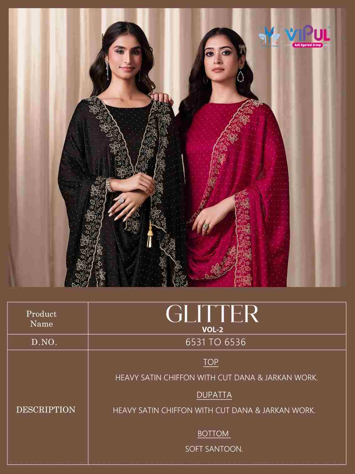 Glitter Vol-2 By Vipul Fashion 6531 To 6536 Series Designer Festive Suits Beautiful Fancy Stylish Colorful Party Wear & Occasional Wear Satin Chiffon With Embroidery Dresses At Wholesale Price
