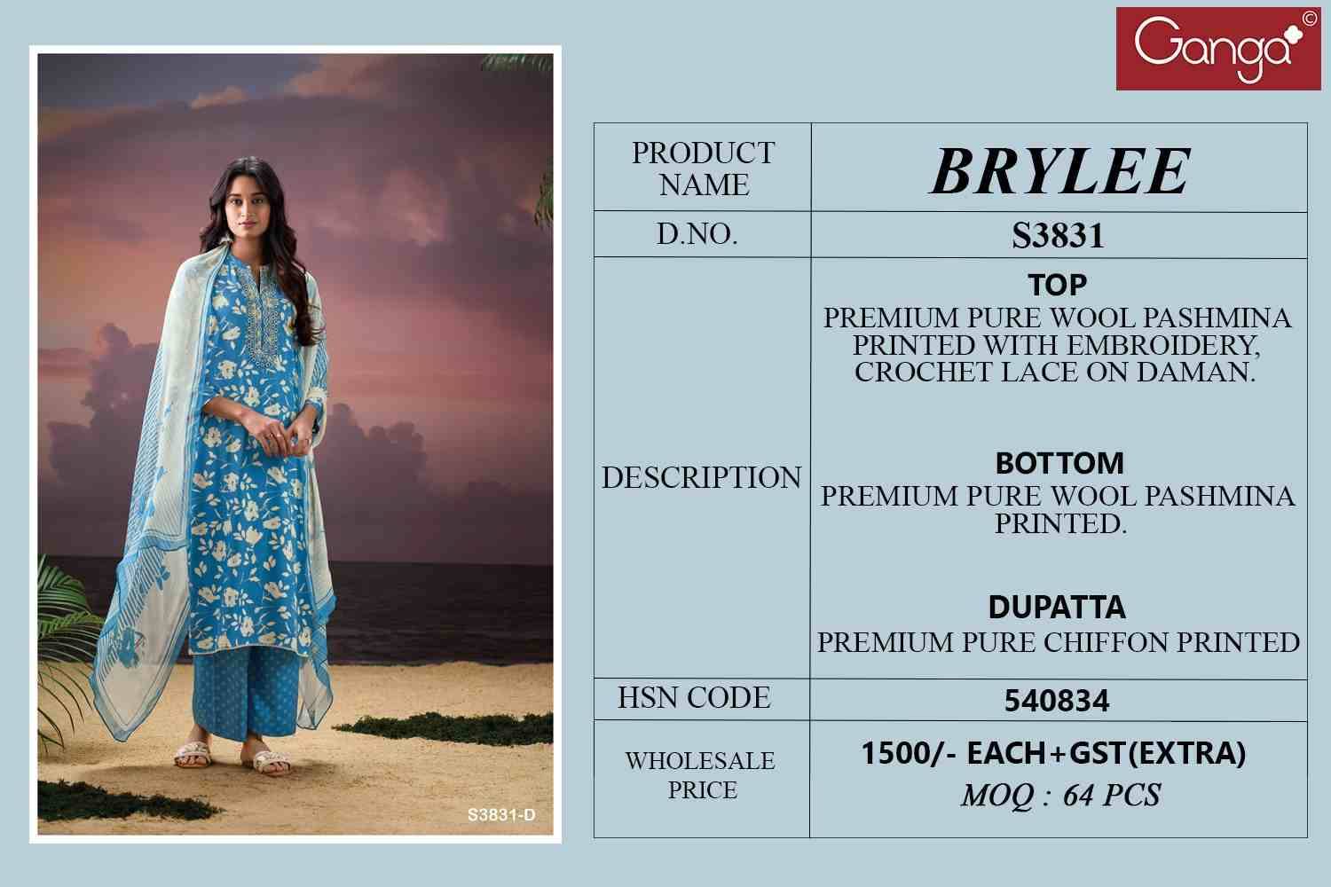 Brylee-3831 By Ganga Fashion 3831-A To 3831-D Series Beautiful Festive Suits Colorful Stylish Fancy Casual Wear & Ethnic Wear Pure Pashmina Dresses At Wholesale Price
