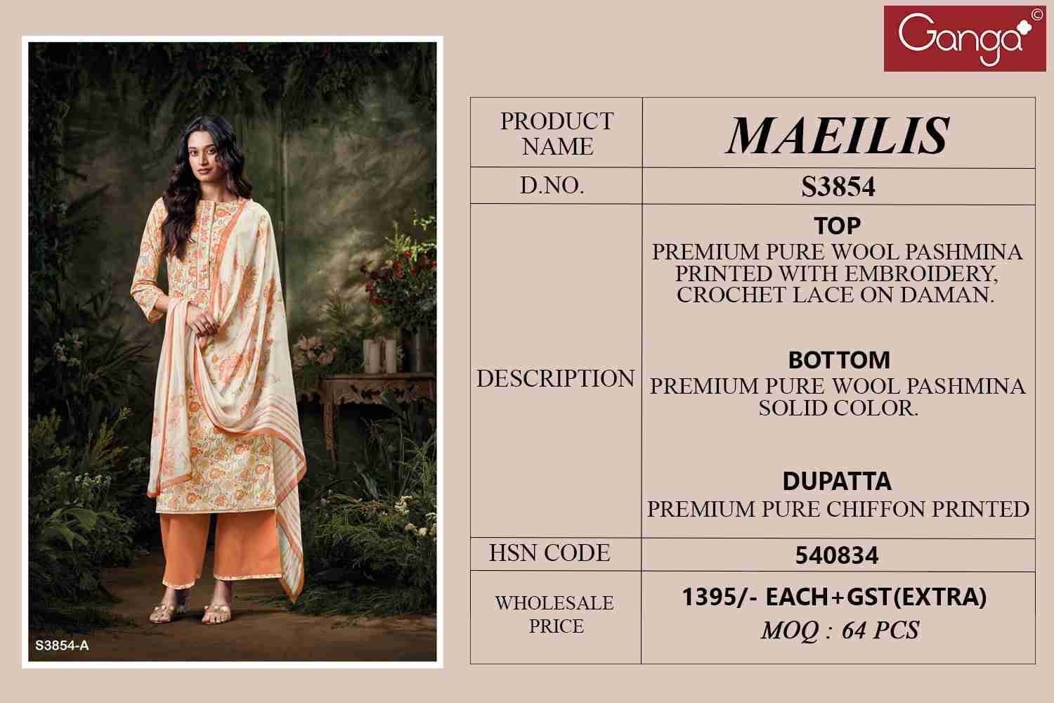 Maeilis-3854 By Ganga Fashion 3854-A To 3854-D Series Beautiful Festive Suits Colorful Stylish Fancy Casual Wear & Ethnic Wear Pure Pashmina Dresses At Wholesale Price