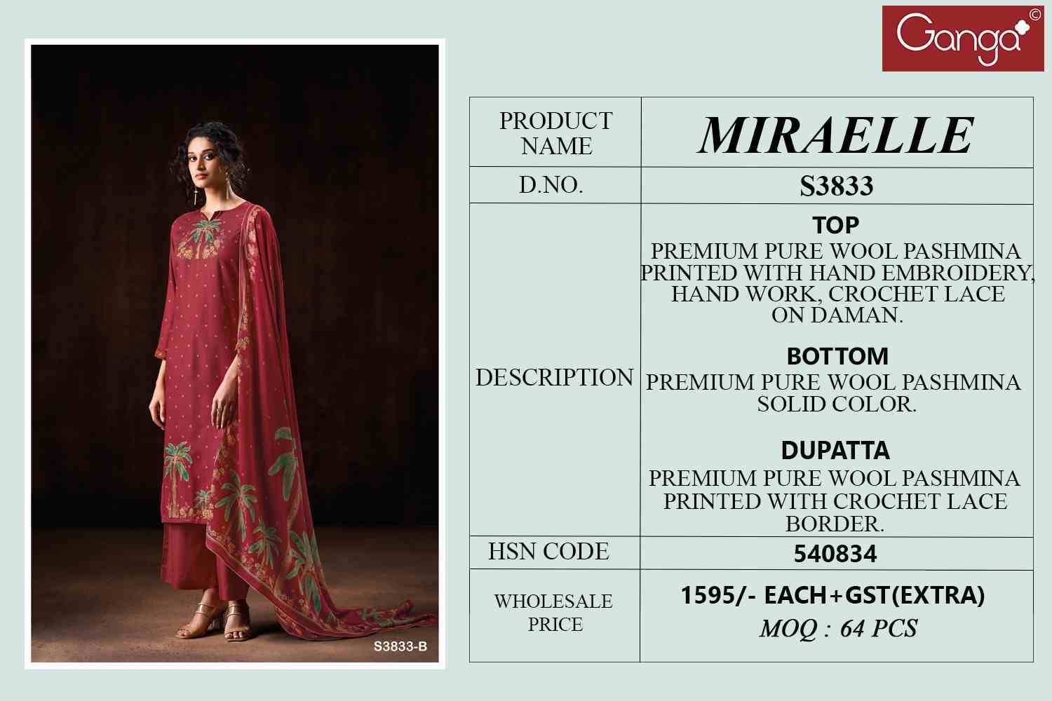 Miraelle-3833 By Ganga Fashion 3833-A To 3833-D Series Beautiful Festive Suits Colorful Stylish Fancy Casual Wear & Ethnic Wear Pure Pashmina Dresses At Wholesale Price