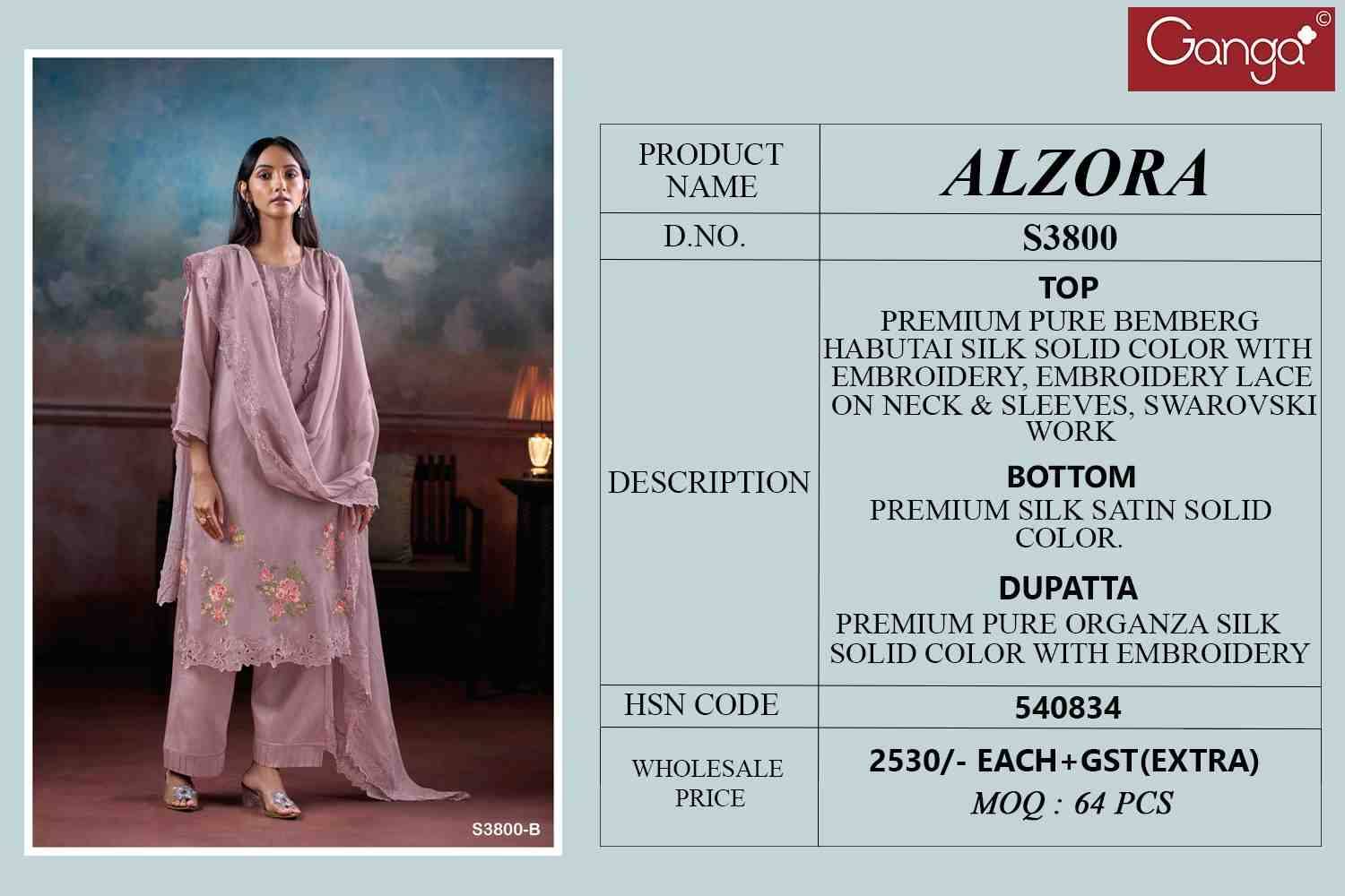 Alzora-3800 By Ganga Fashion 3800-A To 3800-B Series Beautiful Festive Suits Colorful Stylish Fancy Casual Wear & Ethnic Wear Pure Bemberg Silk Dresses At Wholesale Price