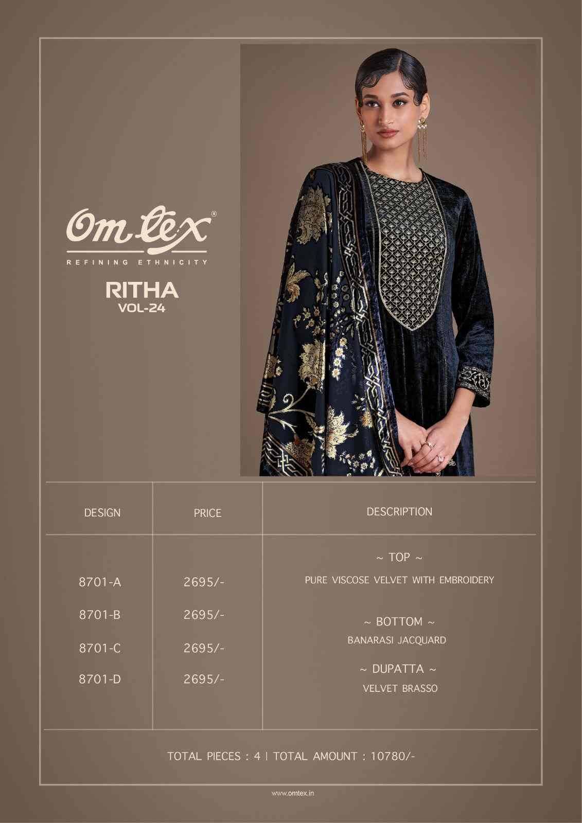 Ritha Vol-24 By Om Tex 8701-A To 8701-D Series Beautiful Festive Suits Colorful Stylish Fancy Casual Wear & Ethnic Wear Viscose Velvet Dresses At Wholesale Price