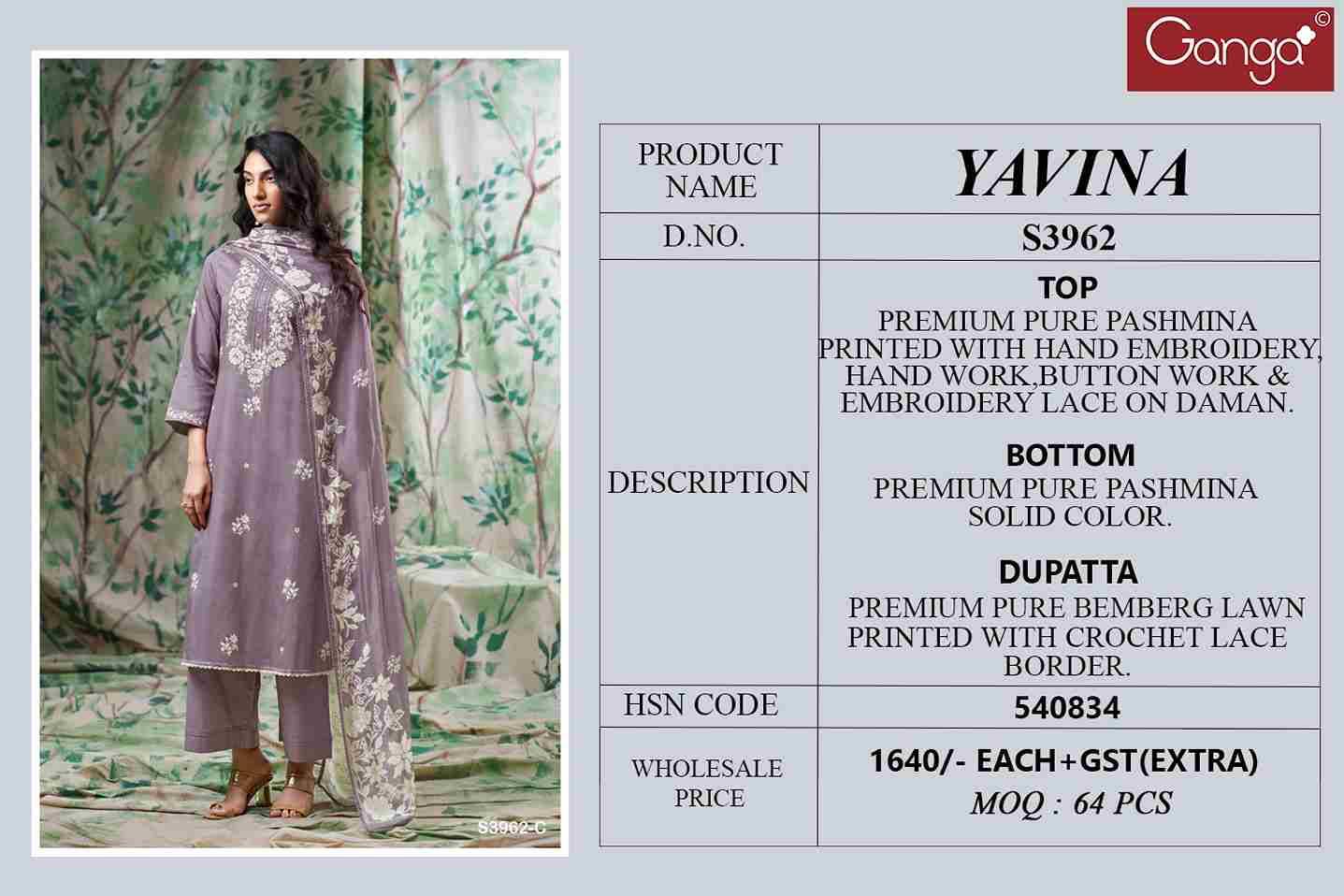 Yavina-3962 By Ganga Fashion 3962-A To 3962-D Series Beautiful Festive Suits Colorful Stylish Fancy Casual Wear & Ethnic Wear Pure Pashmina Dresses At Wholesale Price