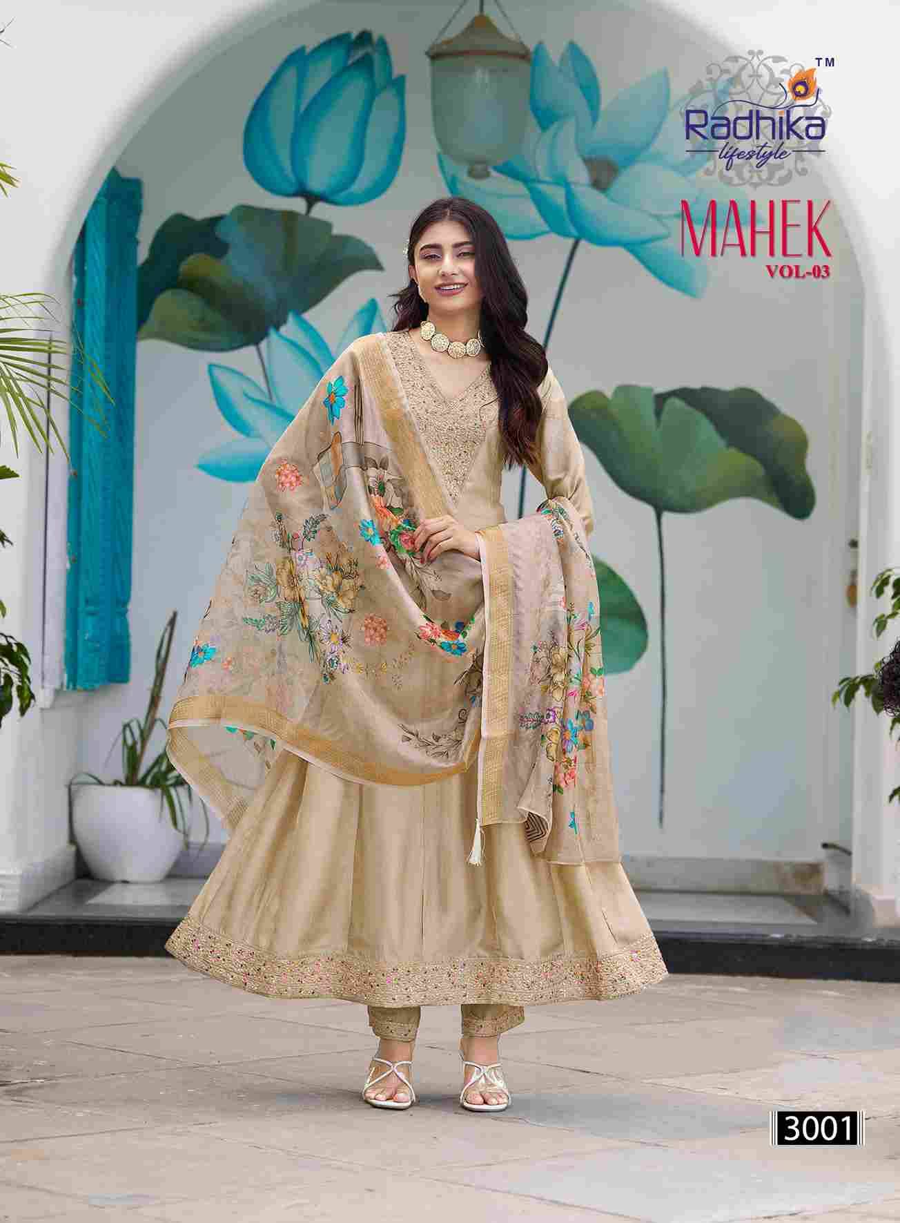 Mahek Vol-3 By Radhika Lifestyle 3001 To 3006 Series Designer Anarkali Suits Beautiful Stylish Fancy Colorful Party Wear & Occasional Wear Vichitra Silk Print Dresses At Wholesale Price