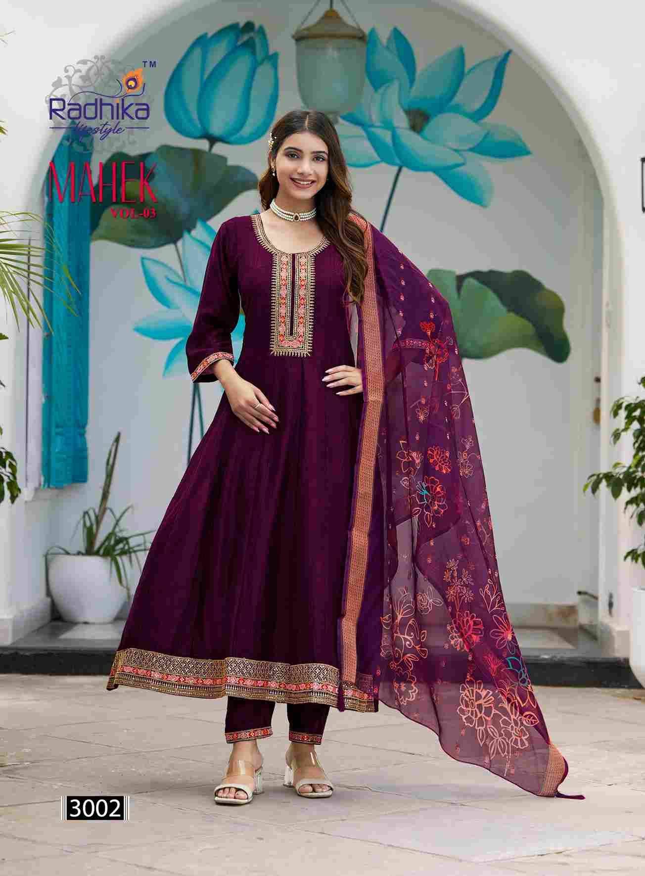 Mahek Vol-3 By Radhika Lifestyle 3001 To 3006 Series Designer Anarkali Suits Beautiful Stylish Fancy Colorful Party Wear & Occasional Wear Vichitra Silk Print Dresses At Wholesale Price