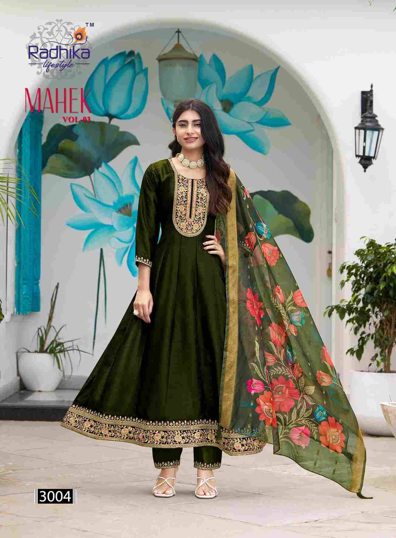 Mahek Vol-3 By Radhika Lifestyle 3001 To 3006 Series Designer Anarkali Suits Beautiful Stylish Fancy Colorful Party Wear & Occasional Wear Vichitra Silk Print Dresses At Wholesale Price