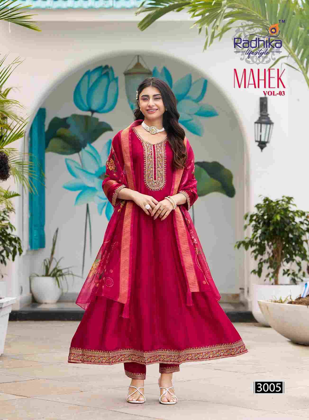 Mahek Vol-3 By Radhika Lifestyle 3001 To 3006 Series Designer Anarkali Suits Beautiful Stylish Fancy Colorful Party Wear & Occasional Wear Vichitra Silk Print Dresses At Wholesale Price