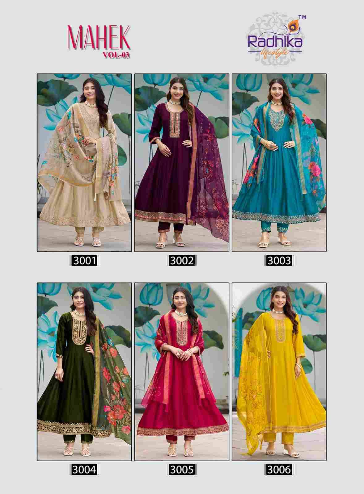 Mahek Vol-3 By Radhika Lifestyle 3001 To 3006 Series Designer Anarkali Suits Beautiful Stylish Fancy Colorful Party Wear & Occasional Wear Vichitra Silk Print Dresses At Wholesale Price