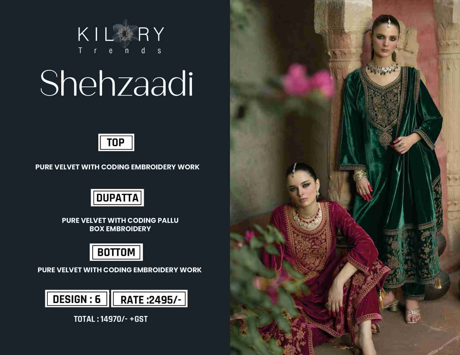 Shehzaadi By Kilory 01 To 06 Series Beautiful Festive Suits Colorful Stylish Fancy Casual Wear & Ethnic Wear Pure Velvet Dresses At Wholesale Price
