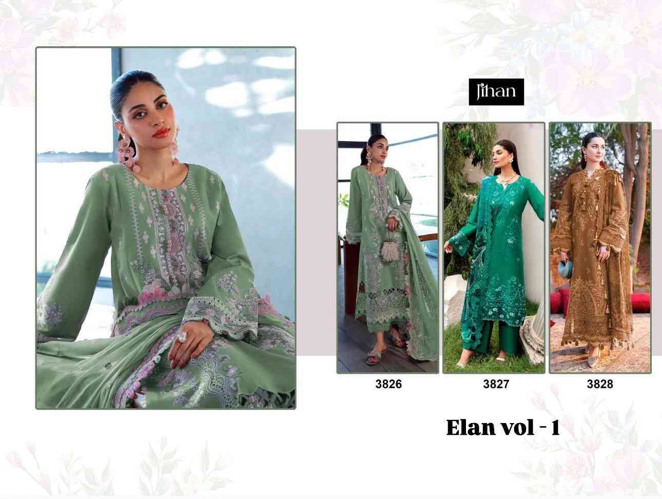 Elan Vol-1 By Jihan 3826 To 3838 Series Designer Pakistani Suits Beautiful Fancy Stylish Colorful Party Wear & Occasional Wear Pure Cotton Dresses At Wholesale Price