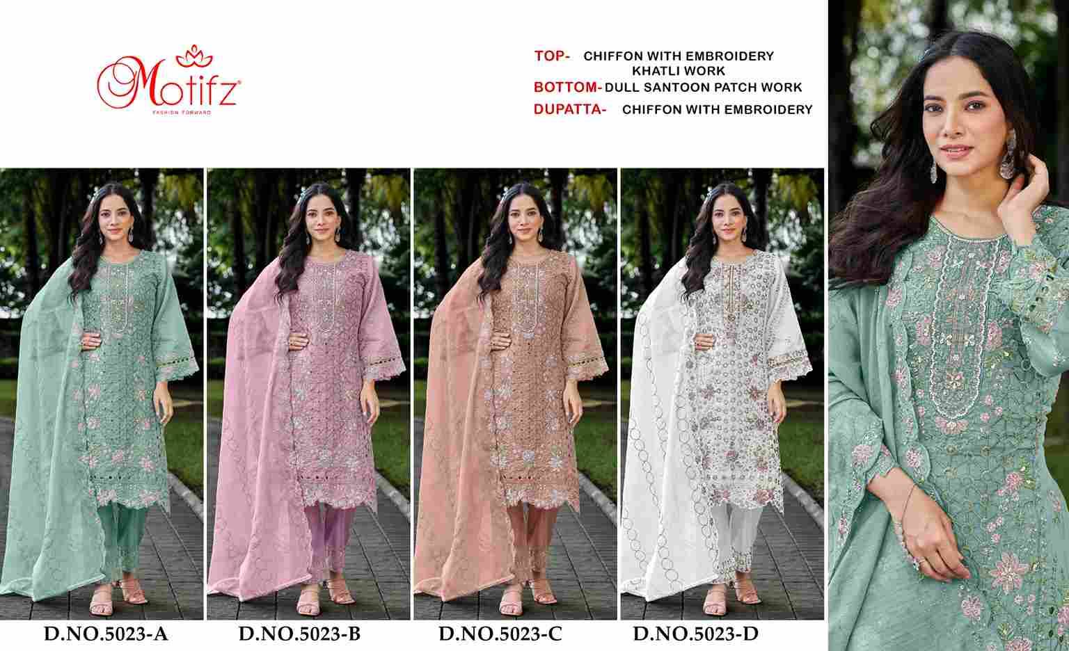 Motifz Hit Design 5023 Colours By Motifz 5023-A To 5023-D Series Beautiful Pakistani Suits Colorful Stylish Fancy Casual Wear & Ethnic Wear Chiffon Dresses At Wholesale Price