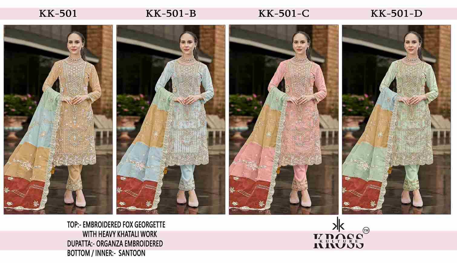 Kross Kulture Hit Design 501 Colours By Kross Kulture 501-A To 501-D Series Beautiful Pakistani Suits Colorful Stylish Fancy Casual Wear & Ethnic Wear Faux Georgette Embroidered Dresses At Wholesale Price