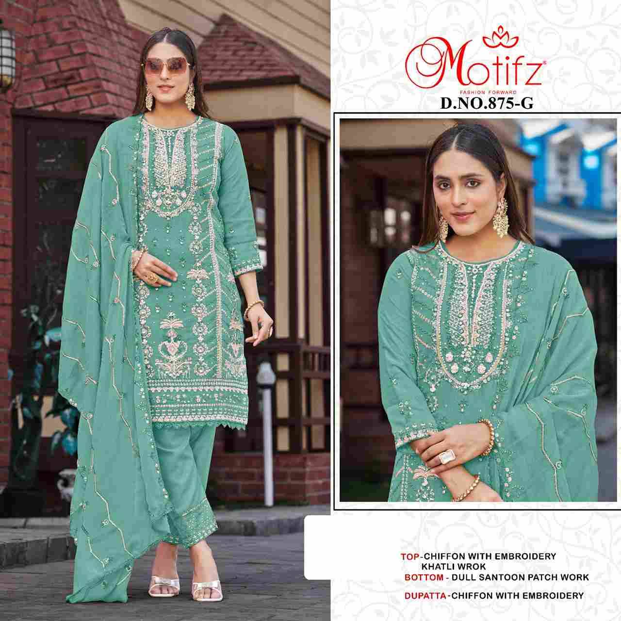 Motifz Hit Design 875 Colours Vol-2 By Motifz 875-E To 875-H Series Beautiful Pakistani Suits Colorful Stylish Fancy Casual Wear & Ethnic Wear Chiffon Embroidered Dresses At Wholesale Price