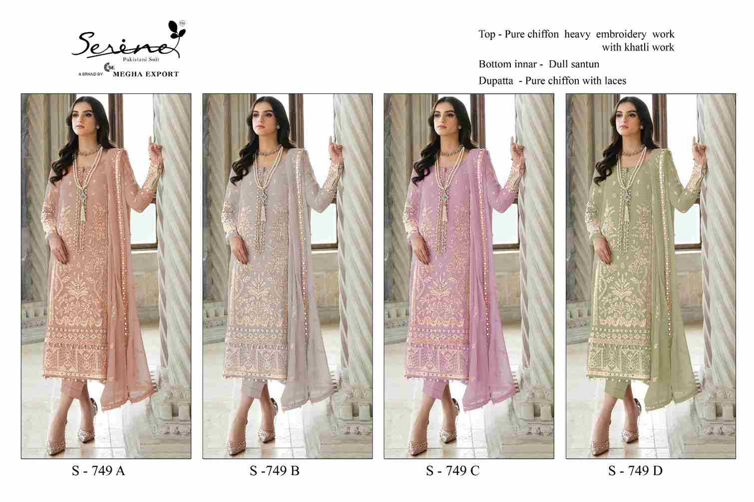 Serene Hit Design S-749 Colours By Serene S-749-A To S-749-D Series Designer Pakistani Suits Beautiful Fancy Colorful Stylish Party Wear & Occasional Wear Pure Chiffon Embroidered Dresses At Wholesale Price