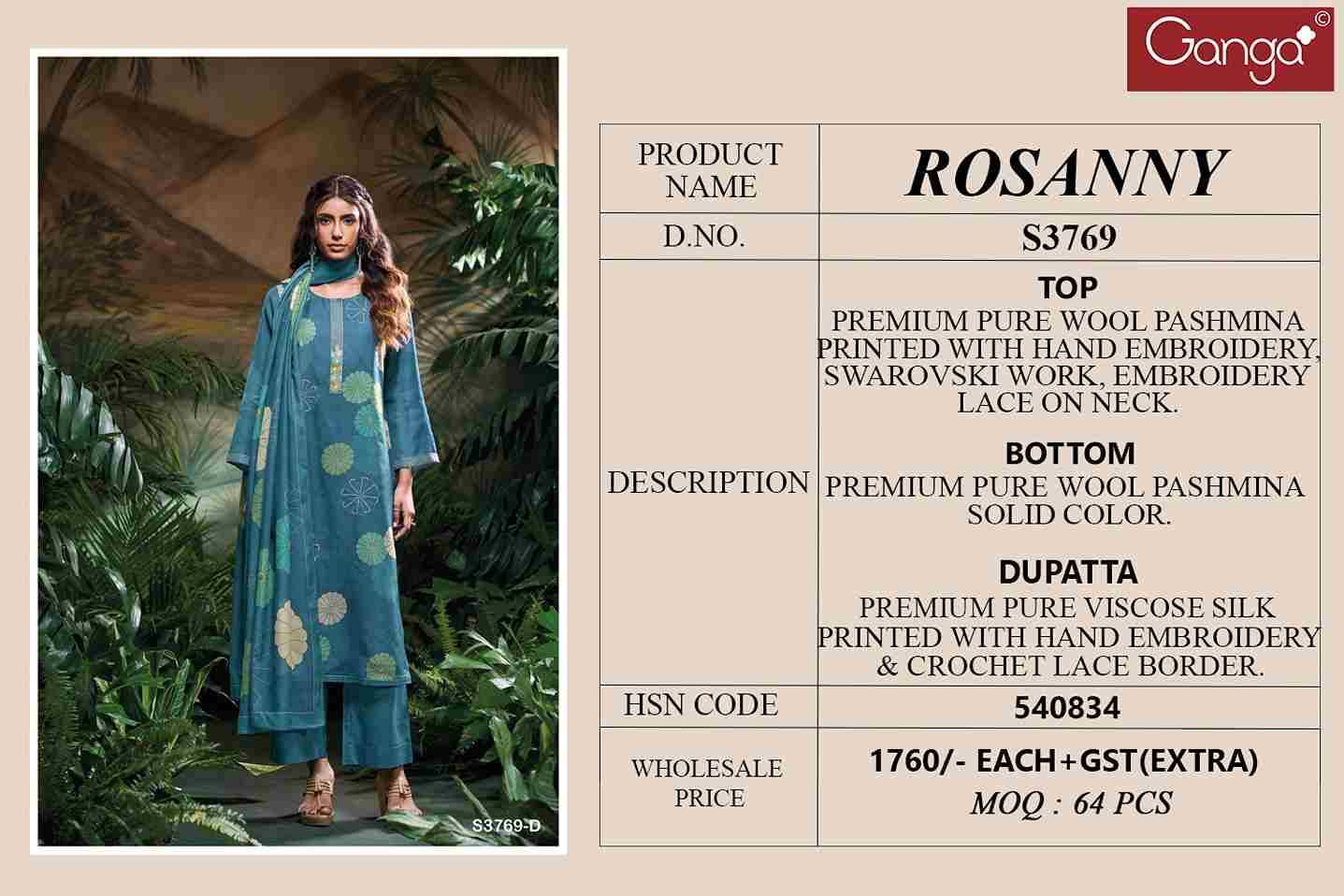 Rosanny-3769 By Ganga Fashion 3769-A To 3769-D Series Beautiful Festive Suits Colorful Stylish Fancy Casual Wear & Ethnic Wear Pure Pashmina Dresses At Wholesale Price