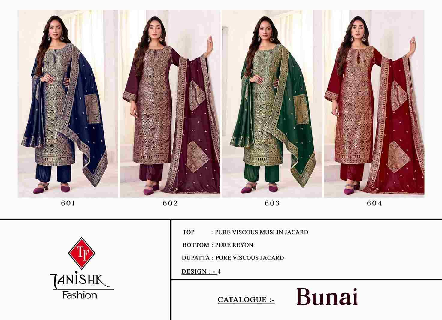 Bunai By Tanishk Fashion 601 To 604 Series Beautiful Festive Suits Colorful Stylish Fancy Casual Wear & Ethnic Wear Muslin Jacquard Dresses At Wholesale Price