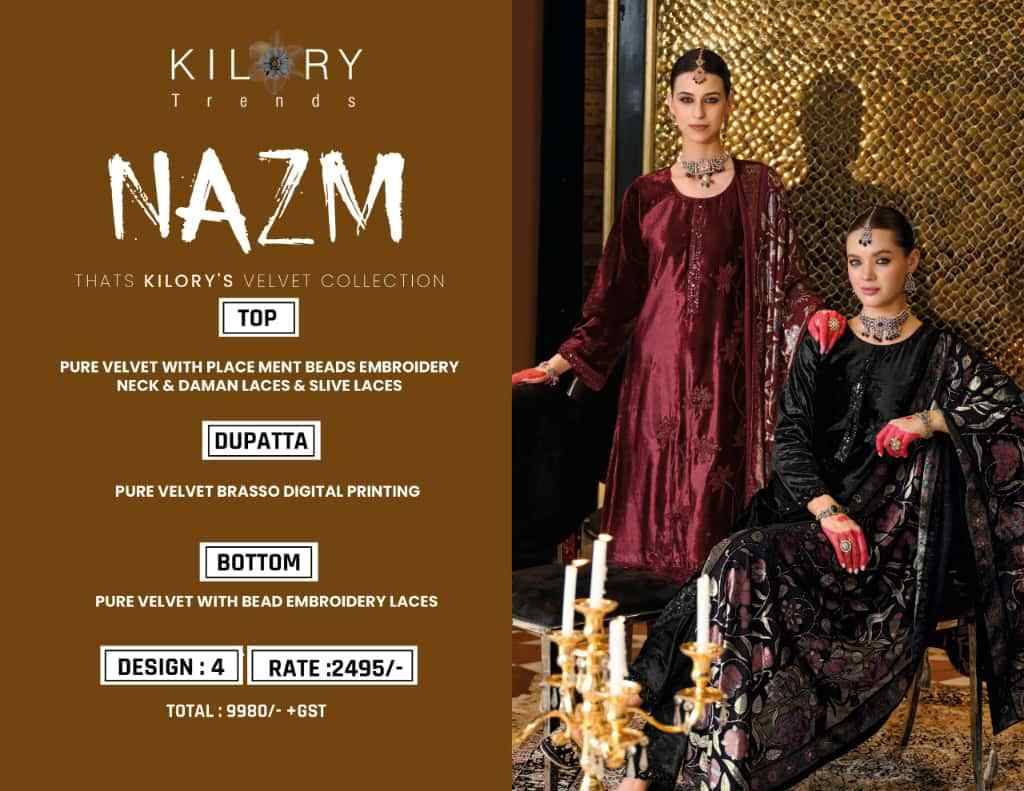 Nazm By Kilory 1001 To 1004 Series Beautiful Festive Suits Colorful Stylish Fancy Casual Wear & Ethnic Wear Pure Velvet Dresses At Wholesale Price