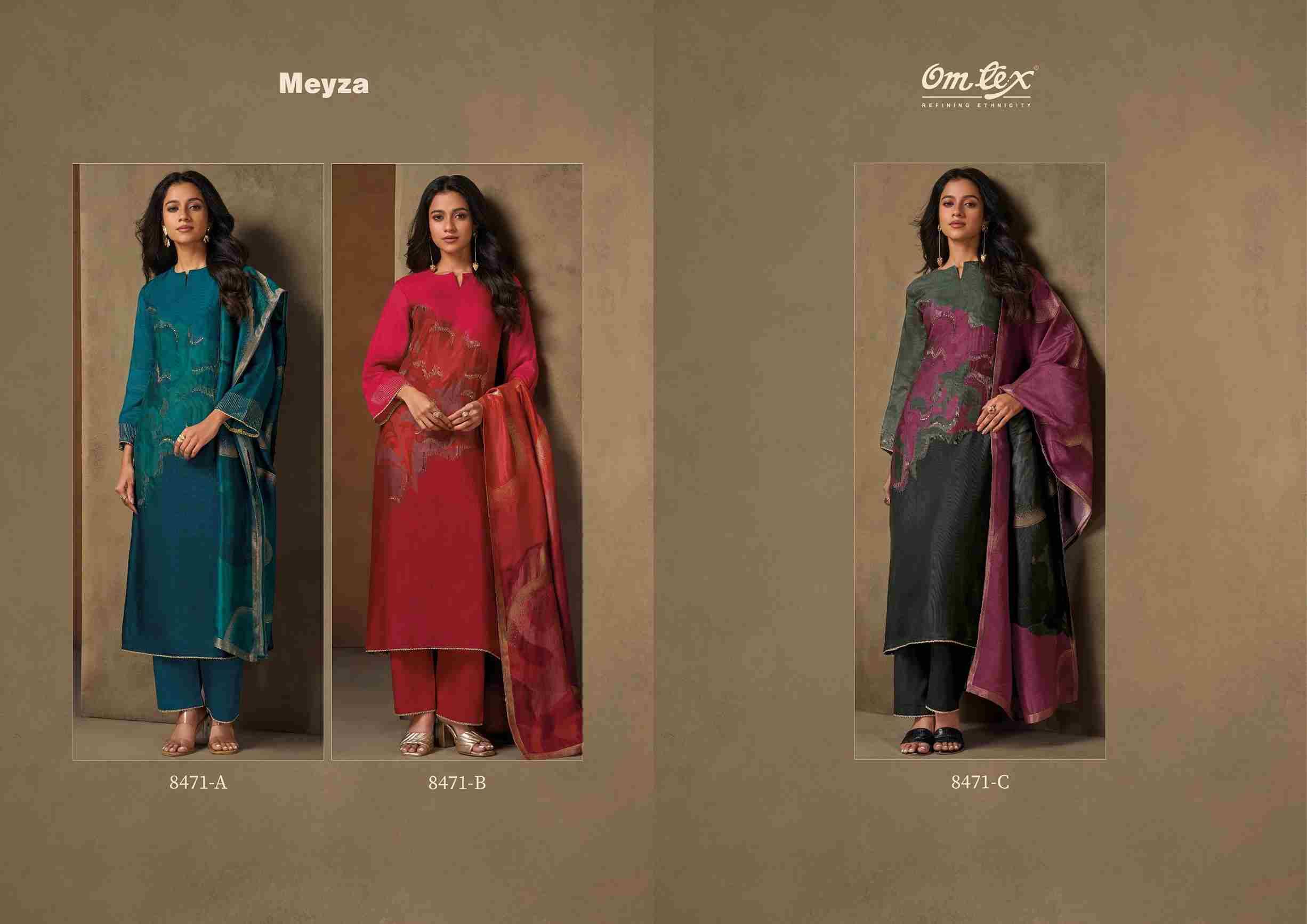 Meyza By Om Tex 8471-A To 8471-C Series Beautiful Festive Suits Colorful Stylish Fancy Casual Wear & Ethnic Wear Silk Dresses At Wholesale Price