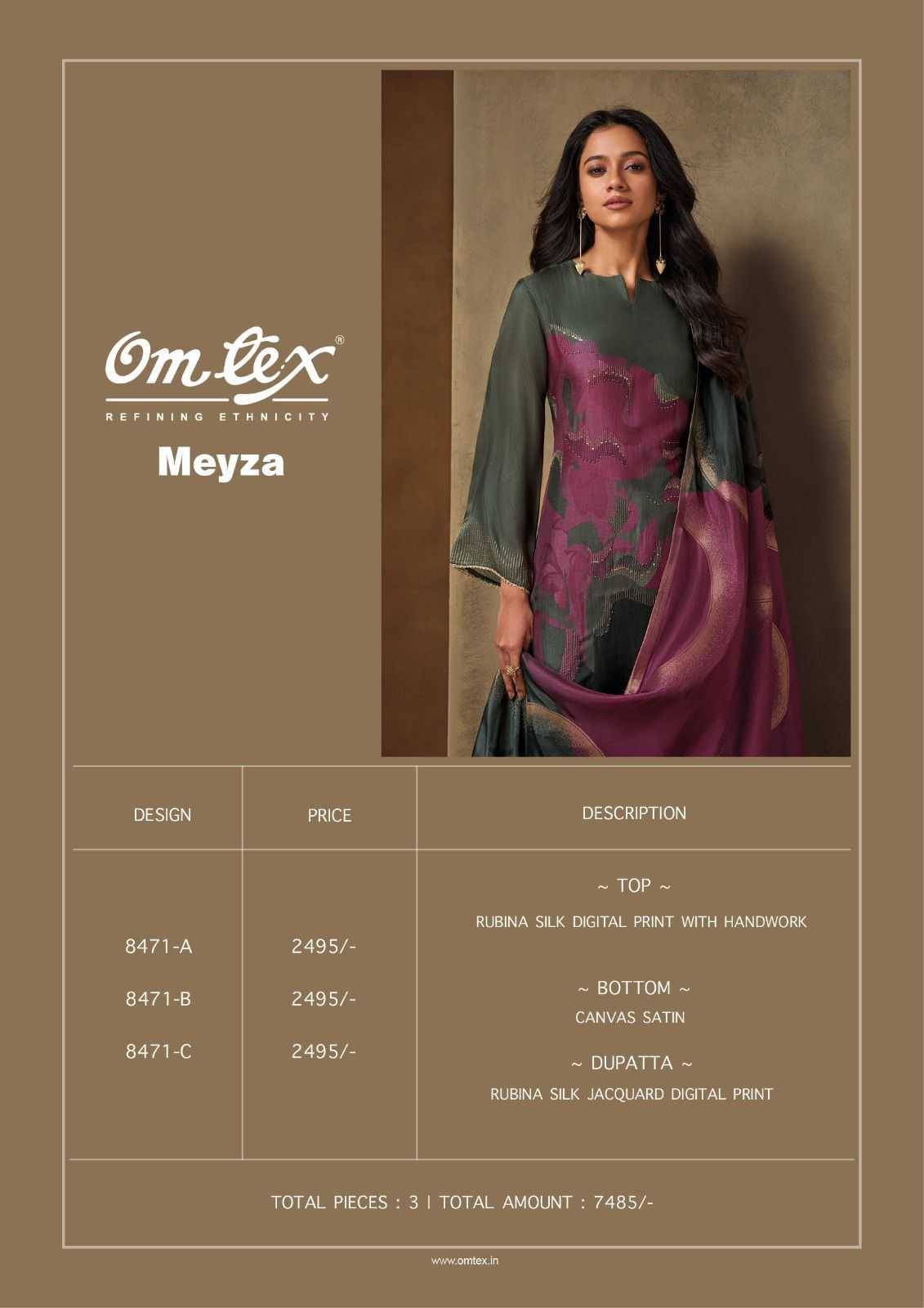 Meyza By Om Tex 8471-A To 8471-C Series Beautiful Festive Suits Colorful Stylish Fancy Casual Wear & Ethnic Wear Silk Dresses At Wholesale Price