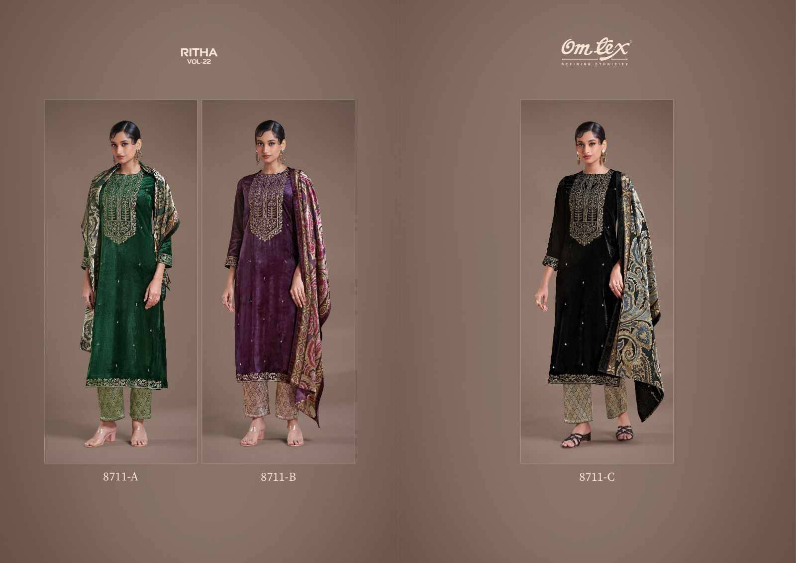 Ritha Vol-22 By Om Tex 8711-A To 8711-C Series Beautiful Festive Suits Colorful Stylish Fancy Casual Wear & Ethnic Wear Viscose Velvet Dresses At Wholesale Price