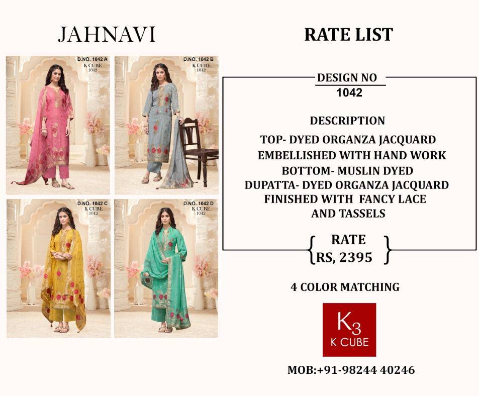 Jahnavi By K Cube 1042-A To 1042-D Series Beautiful Festive Suits Colorful Stylish Fancy Casual Wear & Ethnic Wear Organza Jacquard Dresses At Wholesale Price