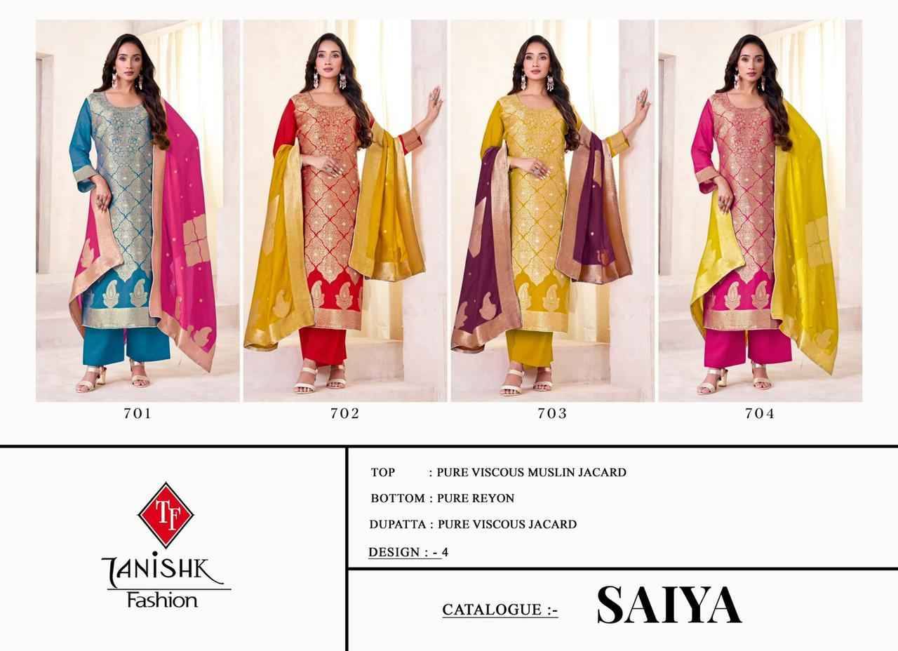 Saiya By Tanishk Fashion 701 To 704 Series Beautiful Festive Suits Colorful Stylish Fancy Casual Wear & Ethnic Wear Muslin Jacquard Dresses At Wholesale Price