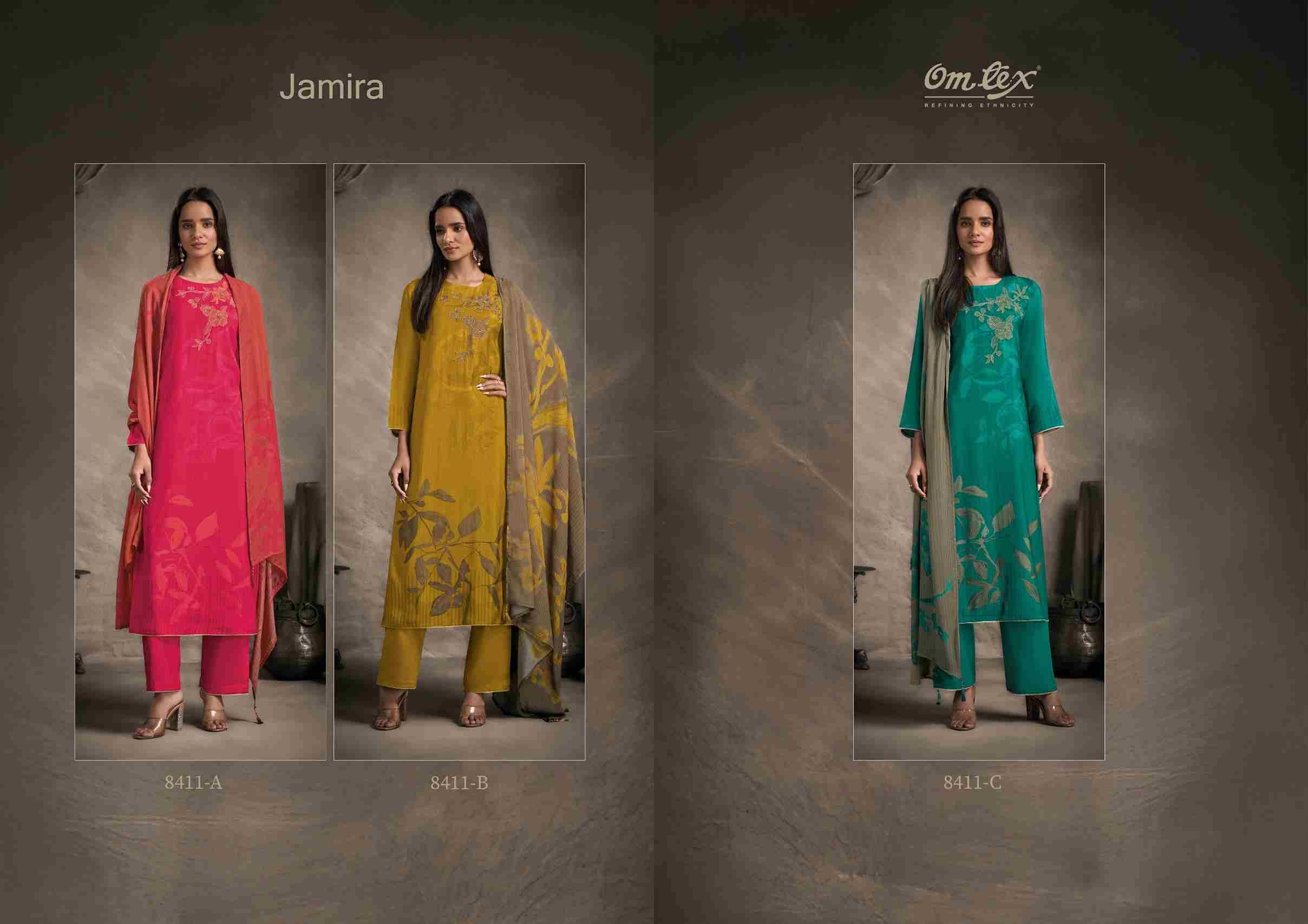 Jamira By Om Tex 8411-A To 8411-C Series Beautiful Festive Suits Colorful Stylish Fancy Casual Wear & Ethnic Wear Pakiza Silk Dresses At Wholesale Price