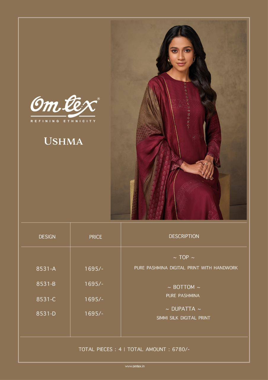 Ushma By Om Tex 8531-A To 8531-D Series Beautiful Festive Suits Colorful Stylish Fancy Casual Wear & Ethnic Wear Pure Pashmina Dresses At Wholesale Price