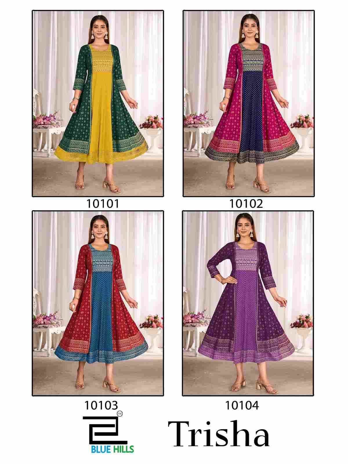 Trisha By Blue Hills 1001 To 1004 Series Beautiful Stylish Fancy Colorful Casual Wear & Ethnic Wear Rayon Foil Gowns At Wholesale Price