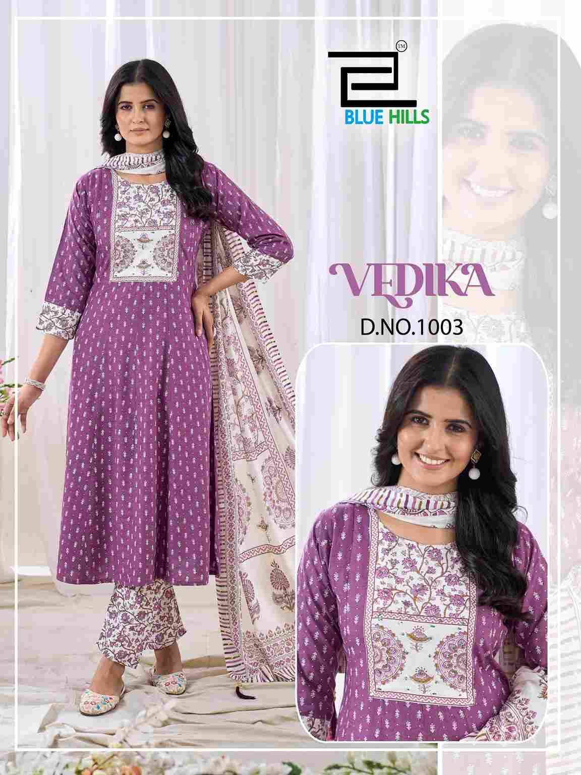 Vedika By Blue Hills 1001 To 1004 Series Beautiful Festive Suits Colorful Stylish Fancy Casual Wear & Ethnic Wear Rayon Foil Dresses At Wholesale Price