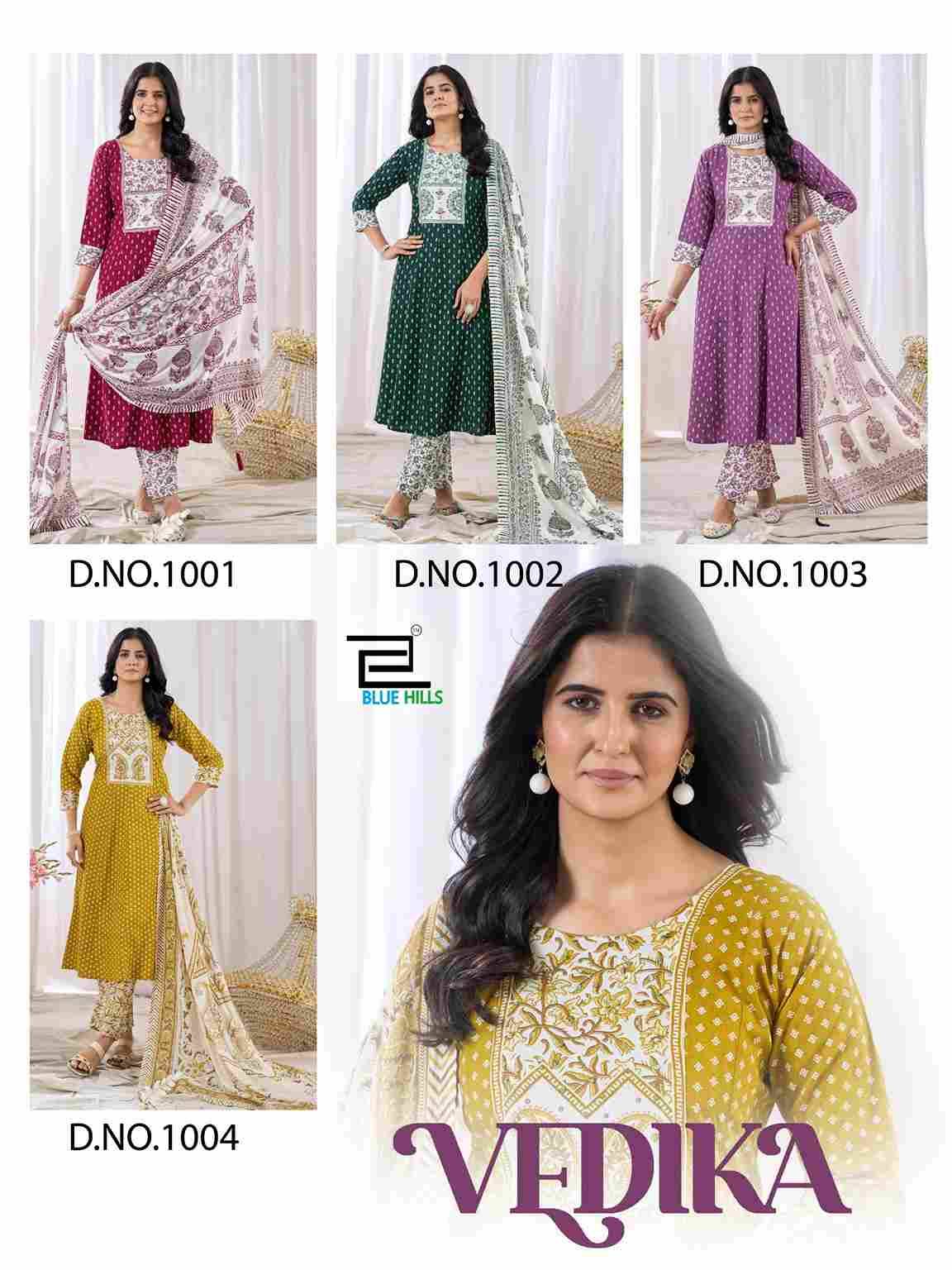 Vedika By Blue Hills 1001 To 1004 Series Beautiful Festive Suits Colorful Stylish Fancy Casual Wear & Ethnic Wear Rayon Foil Dresses At Wholesale Price